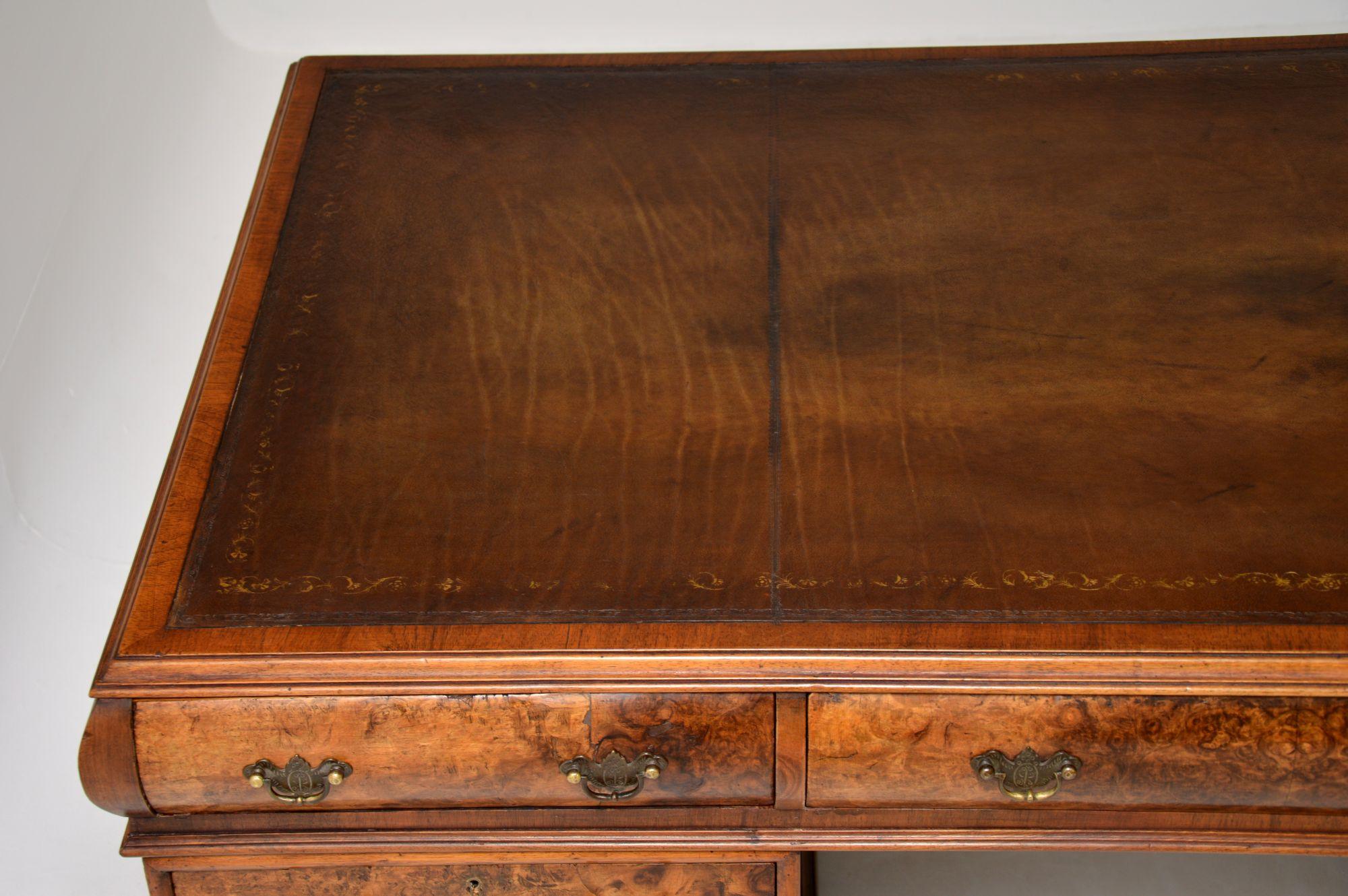 Large Antique Burr Walnut Leather Top Pedestal Desk 2