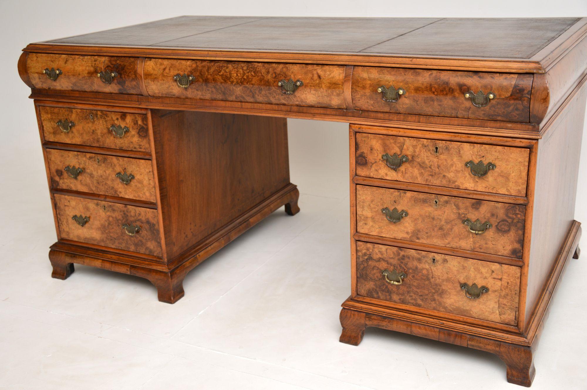 Large Antique Burr Walnut Leather Top Pedestal Desk 3