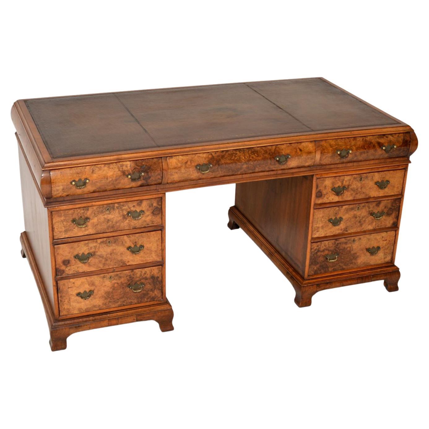 Large Antique Burr Walnut Leather Top Pedestal Desk