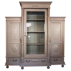 Large Antique Cabinet with Glass Door, circa 1900, Hand-Painted Taupe