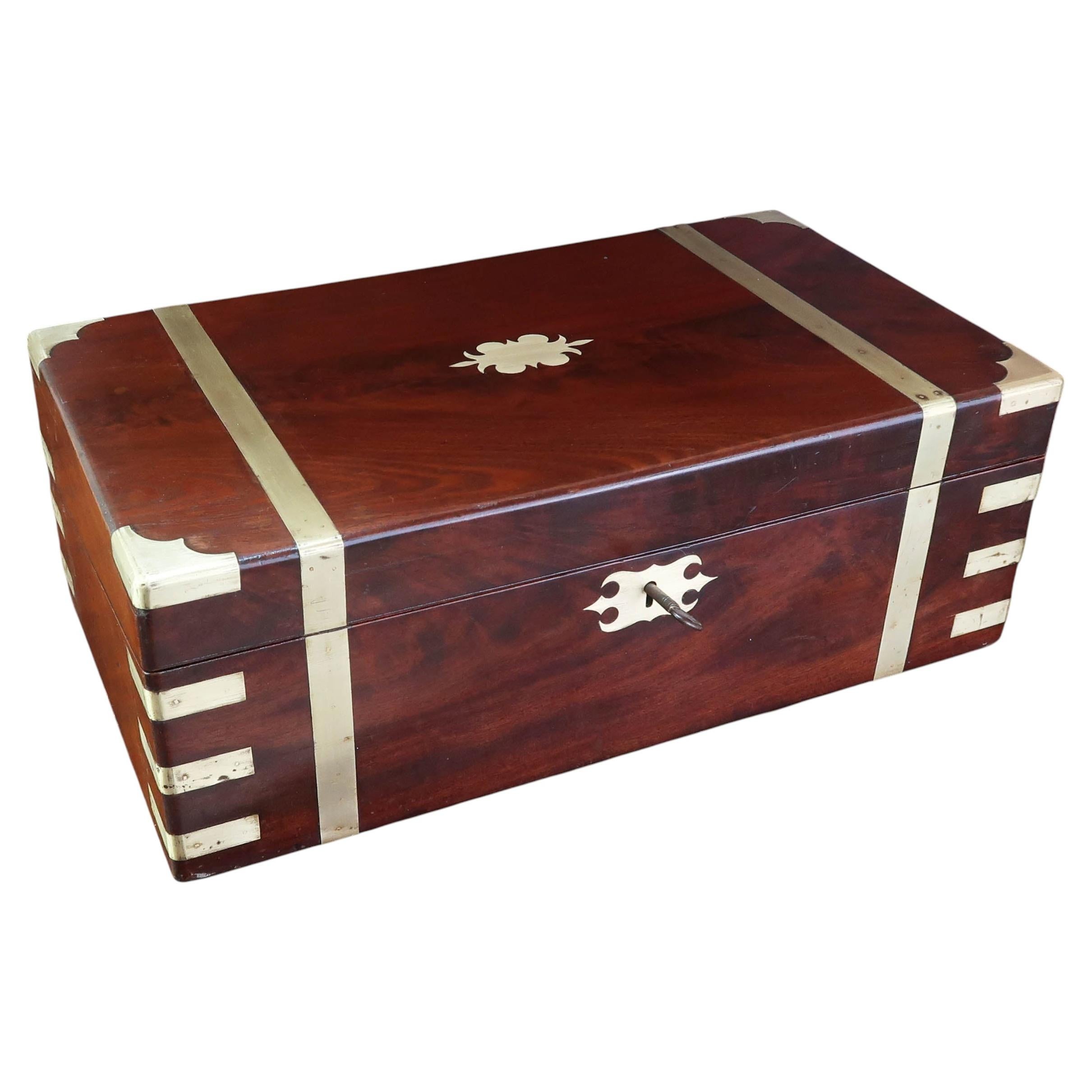 Large Antique Campaign Brass Mounted Writing Box. English C.1850