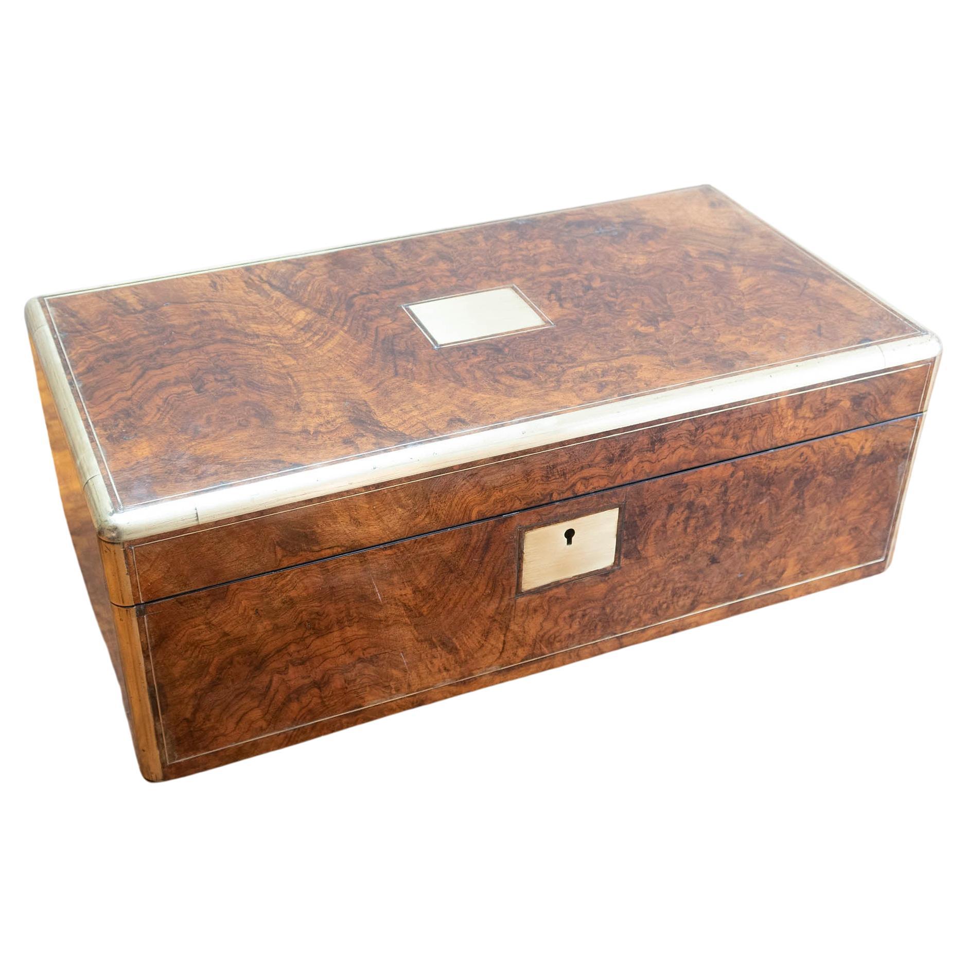 Large Antique Campaign Burr Walnut Writing Box. English C.1860