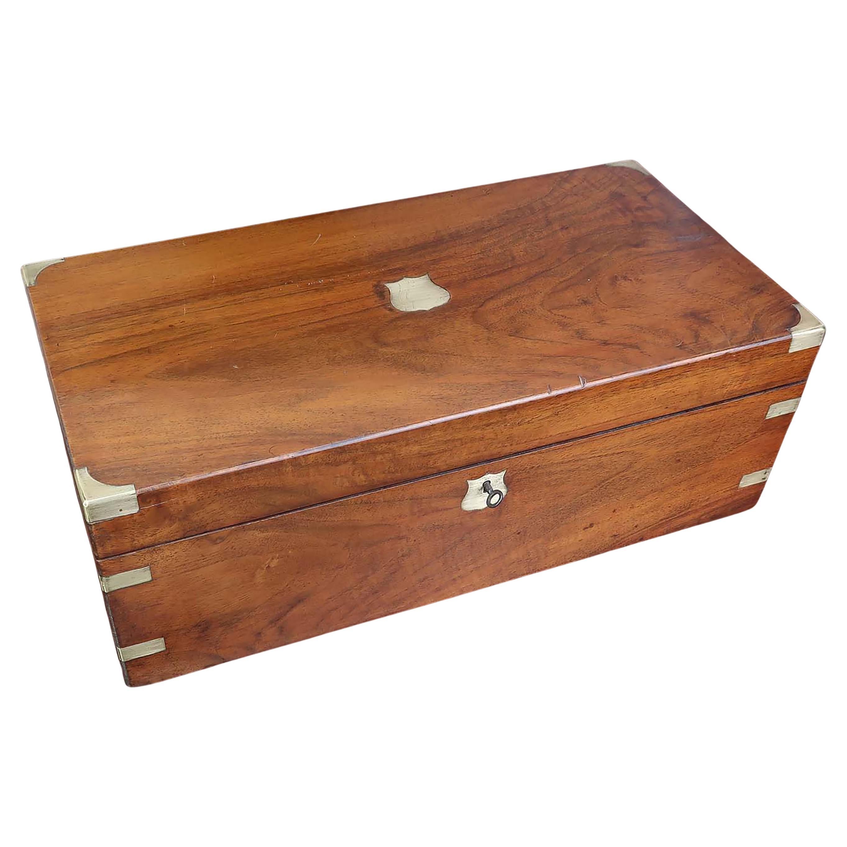 Large Antique Campaign Walnut Writing Box With Secret Drawers. English C.1860