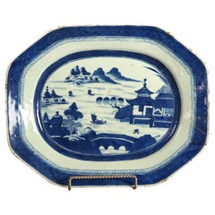 Large Antique Canton Blue & White Porcelain Platter with Landscape Scene C1880