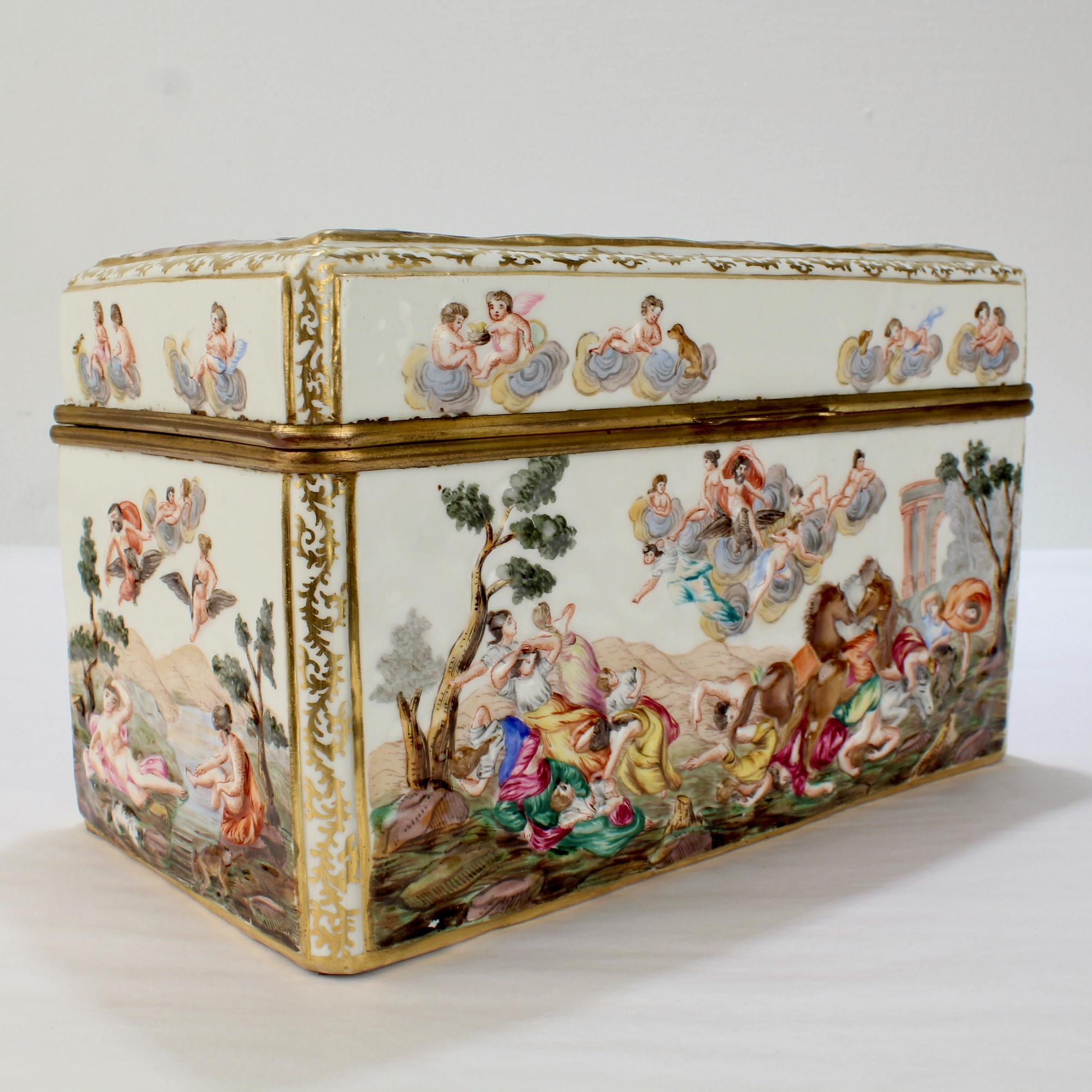 A very fine large, antique Capodimonte porcelain casket or table box. 

In the Meissen style with raised polychrome decoration to all sides.

Having a gilt bronze hinged mount. 

Both the lid and sides were fired in a non-uniform, wavy way.