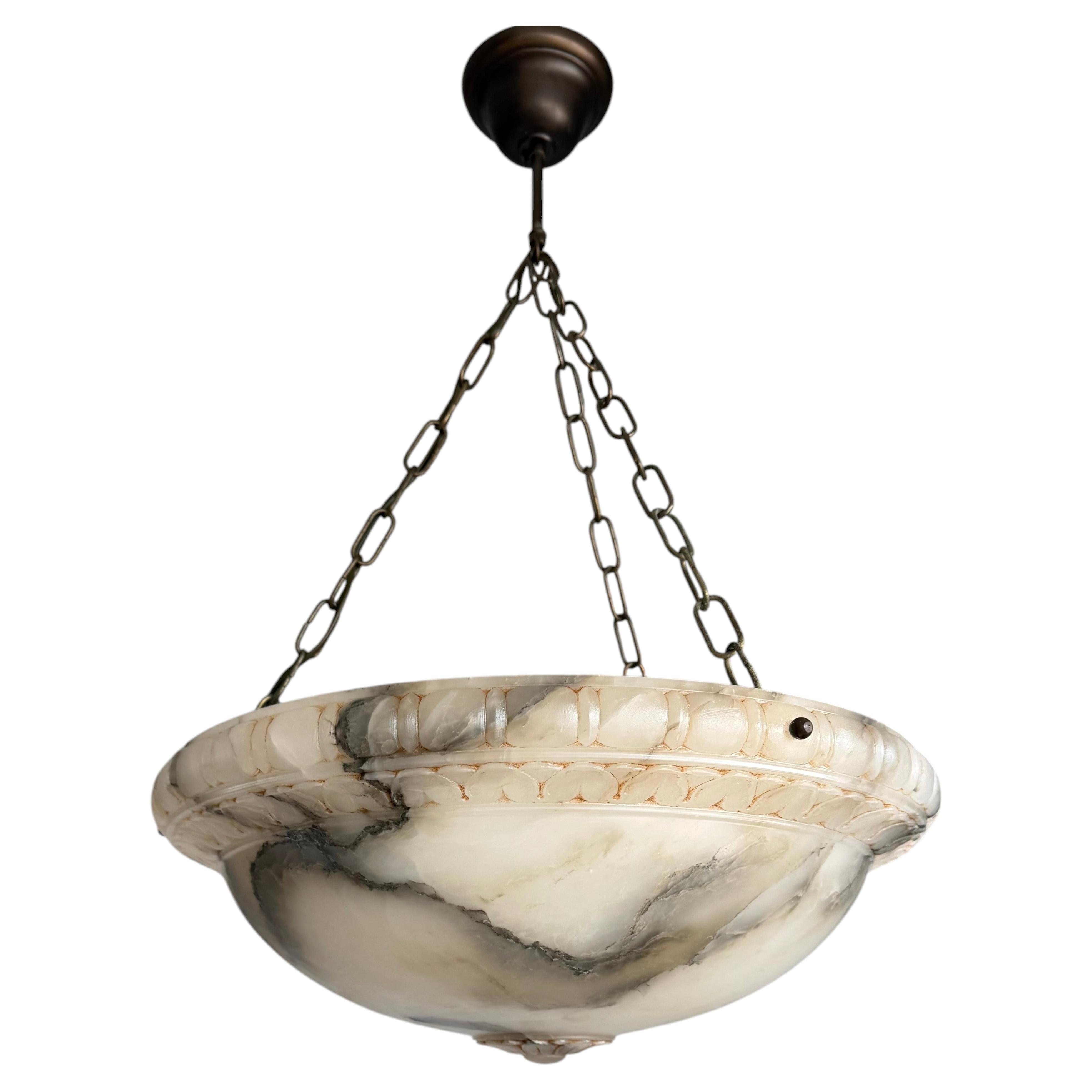 Large Antique Carved Alabaster Pendant Light Fixture with Spectacular Veining