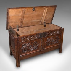 Large Antique Carved Coffer, English Oak, Blanket Chest, William III, Circa 1700