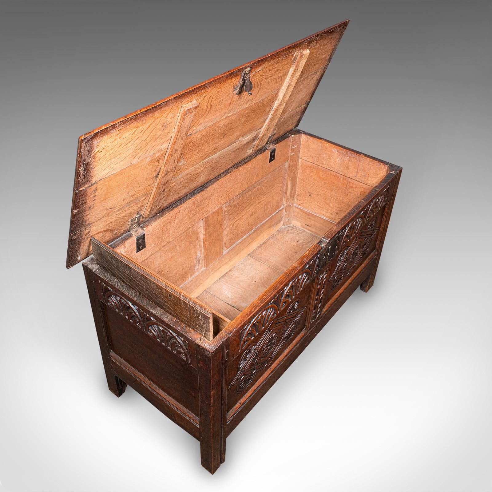 Großer antiker geschnitzter Koffer, englische Eiche, Blanket Chest, William III, CIRCA 1700 im Angebot 1