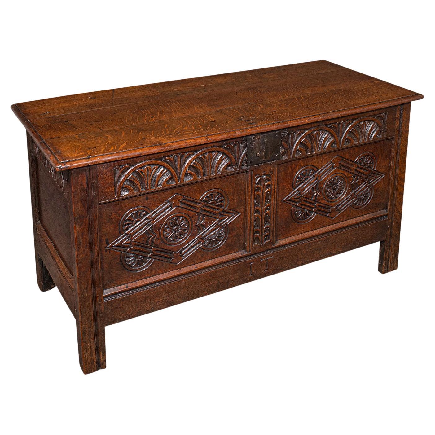 Grande scrigno antico intagliato, Oak inglese, cassapanca per coperte, William III, Circa 1700