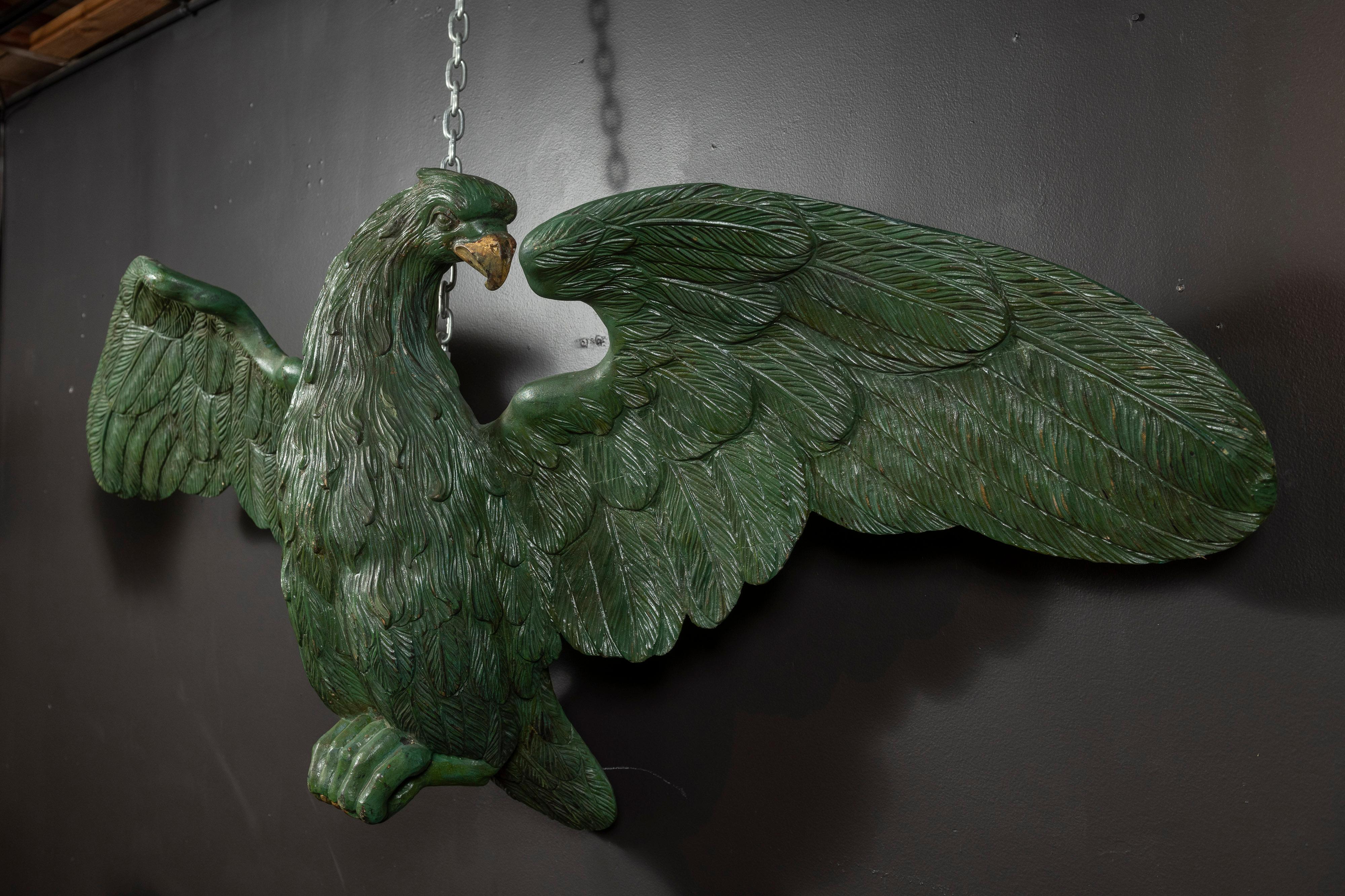 French Large Antique Carved Eagle in Painted Green Wood with Gold Accents For Sale