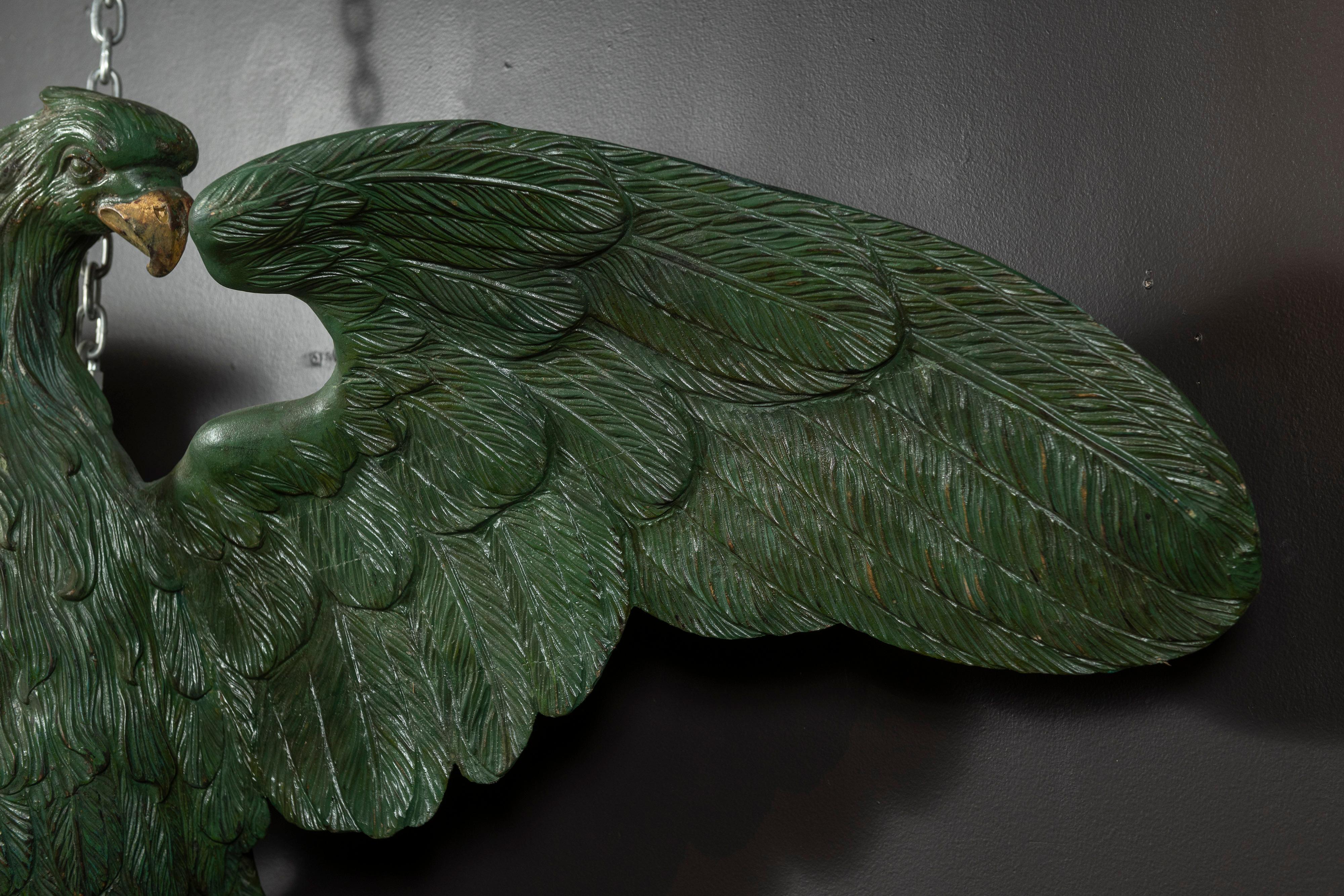 Large Antique Carved Eagle in Painted Green Wood with Gold Accents In Good Condition For Sale In San Francisco, CA