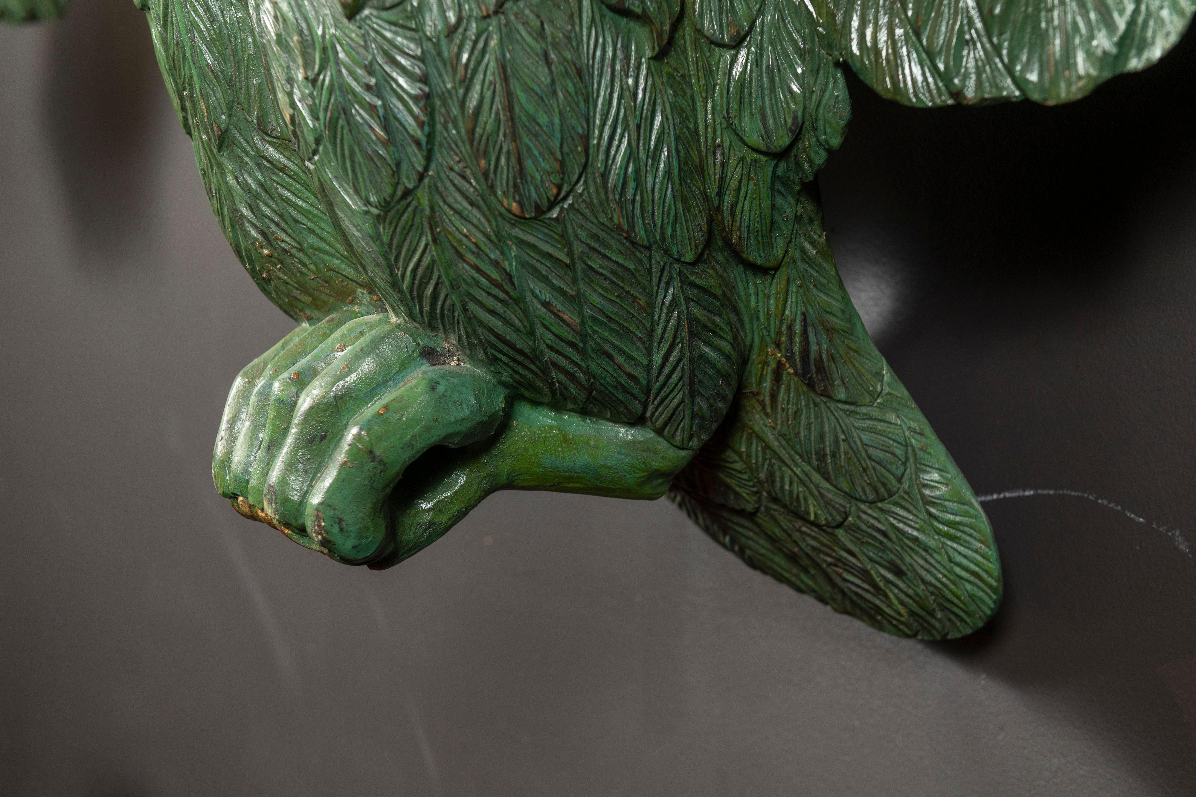19th Century Large Antique Carved Eagle in Painted Green Wood with Gold Accents For Sale
