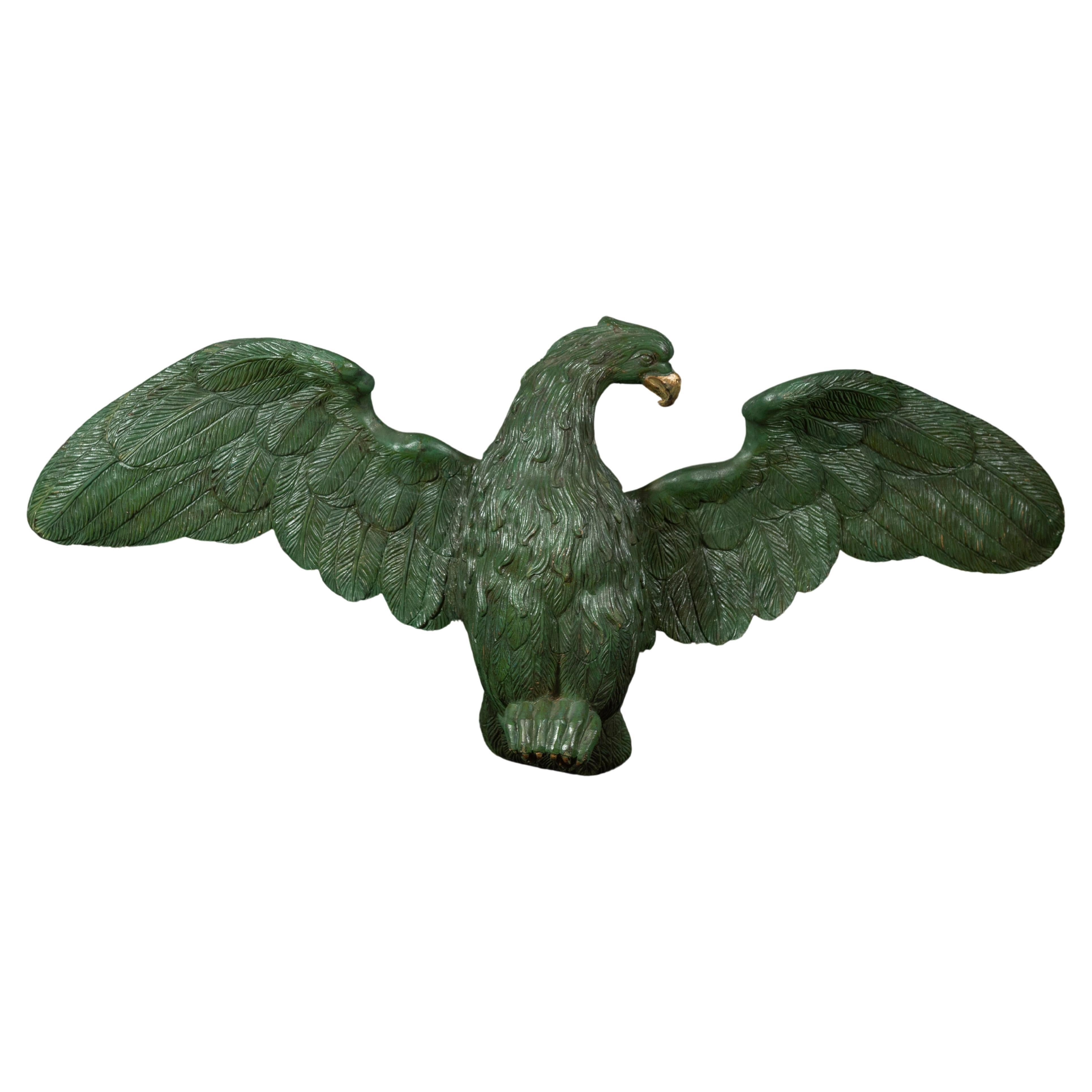 Large Antique Carved Eagle in Painted Green Wood with Gold Accents For Sale