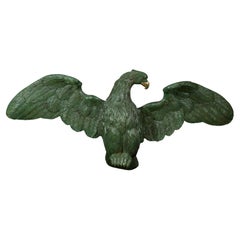 Large Antique Carved Eagle in Painted Green Wood with Gold Accents