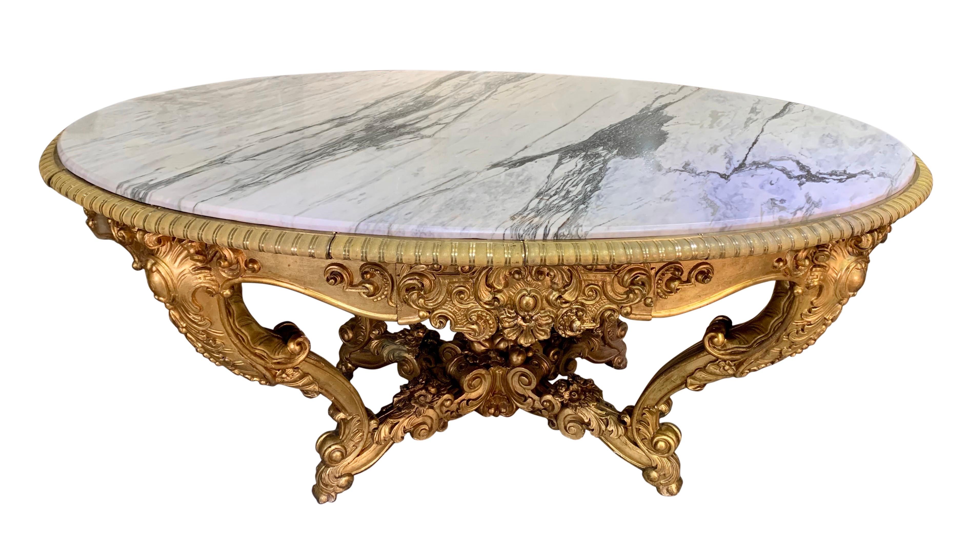 European Large Antique Carved Gilt Wood Marble Top Center Table For Sale