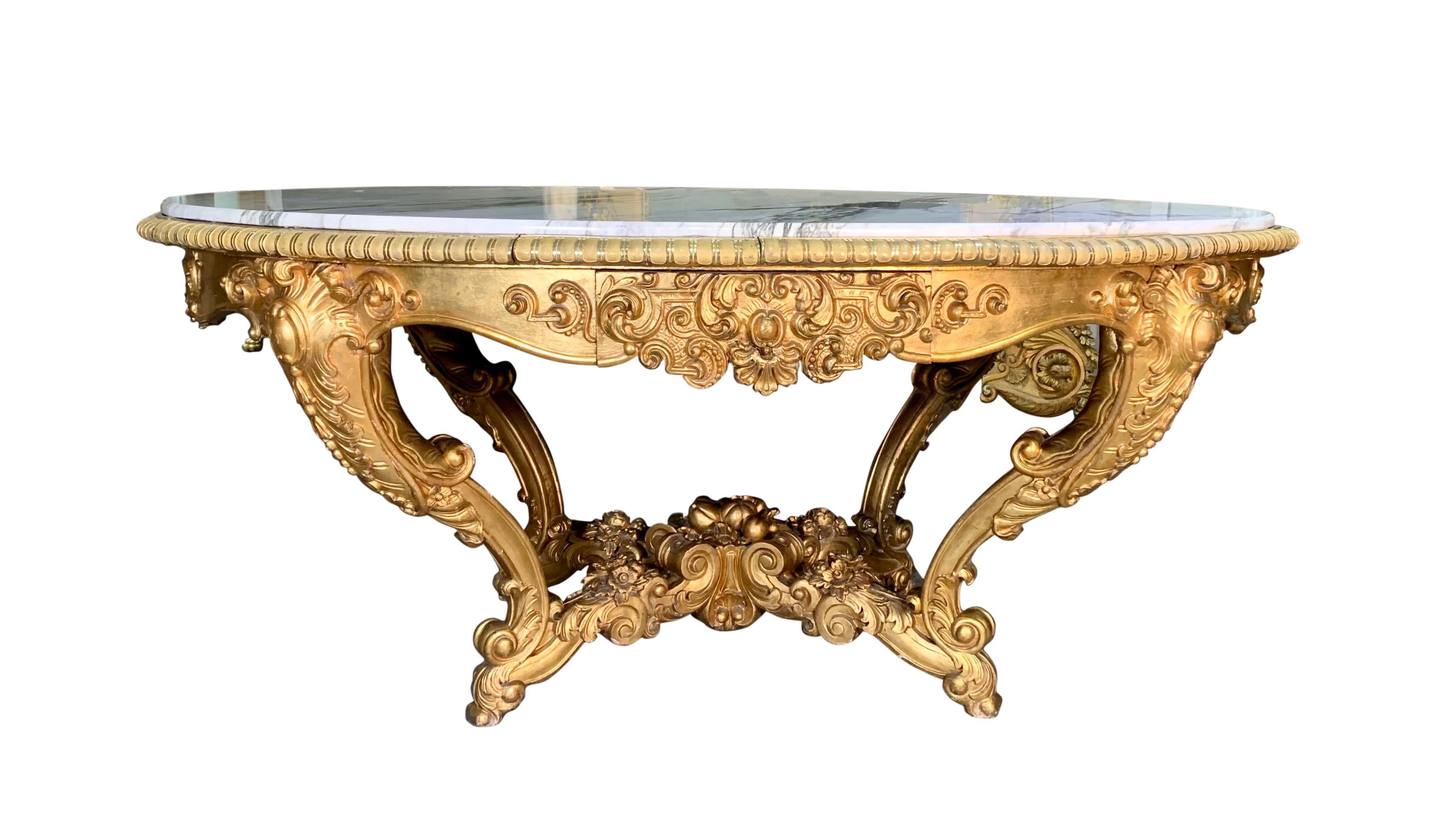 Hand-Carved Large Antique Carved Gilt Wood Marble Top Center Table For Sale