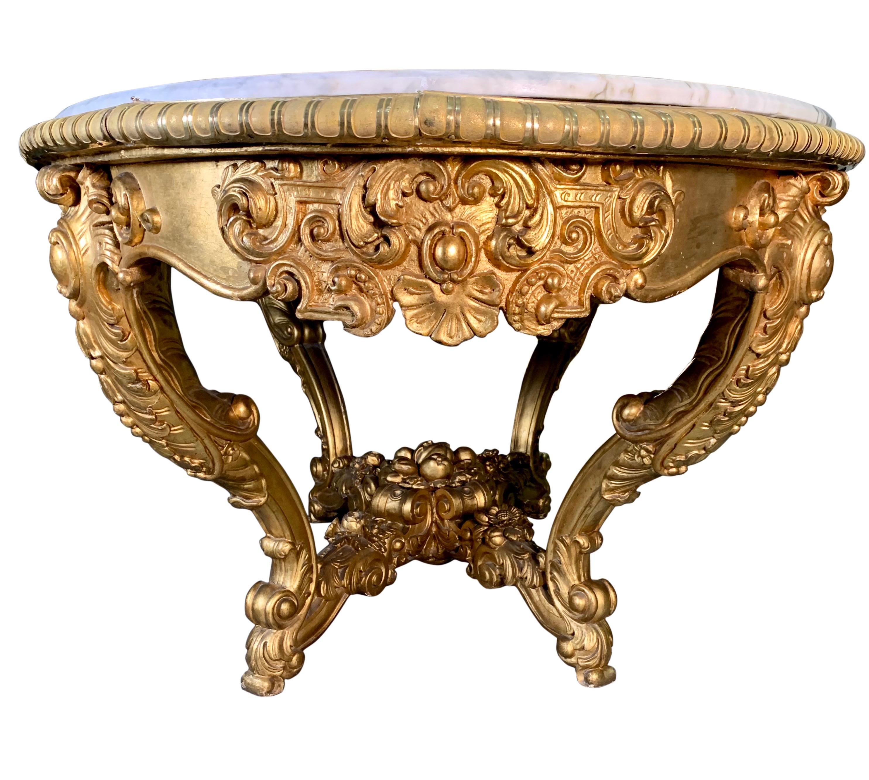 Large Antique Carved Gilt Wood Marble Top Center Table In Good Condition For Sale In Los Angeles, CA