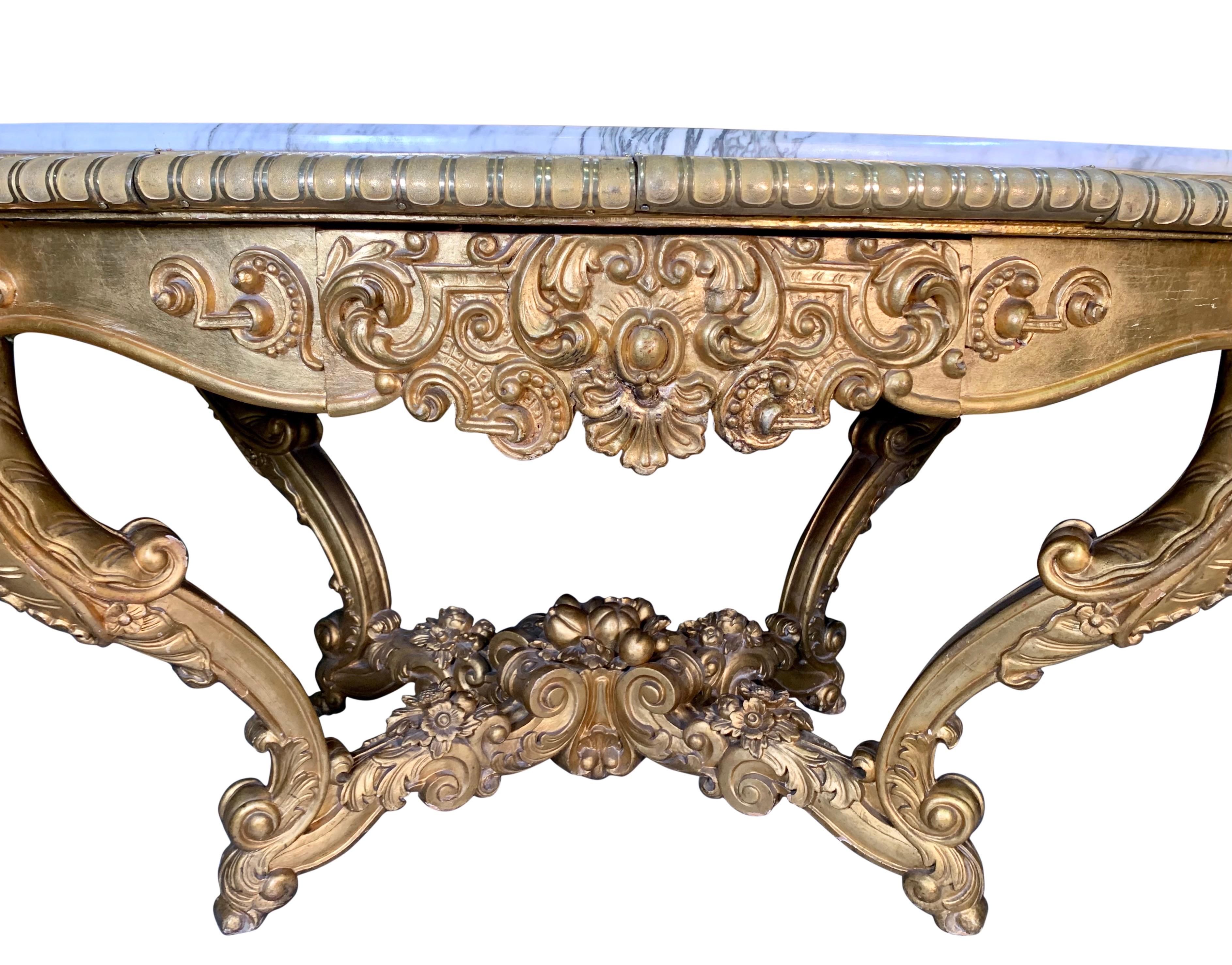 Late 19th Century Large Antique Carved Gilt Wood Marble Top Center Table For Sale