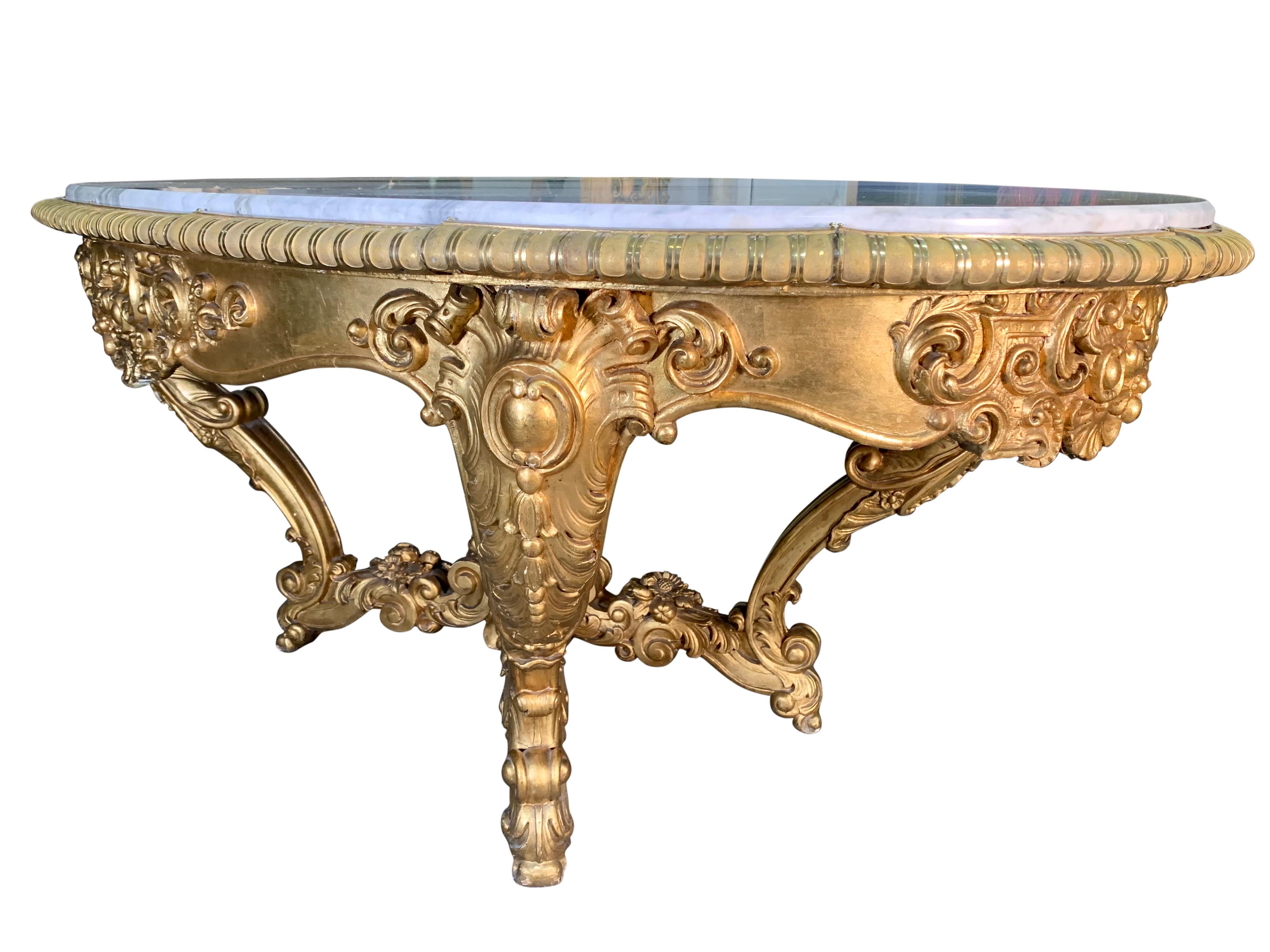 Ormolu Large Antique Carved Gilt Wood Marble Top Center Table For Sale