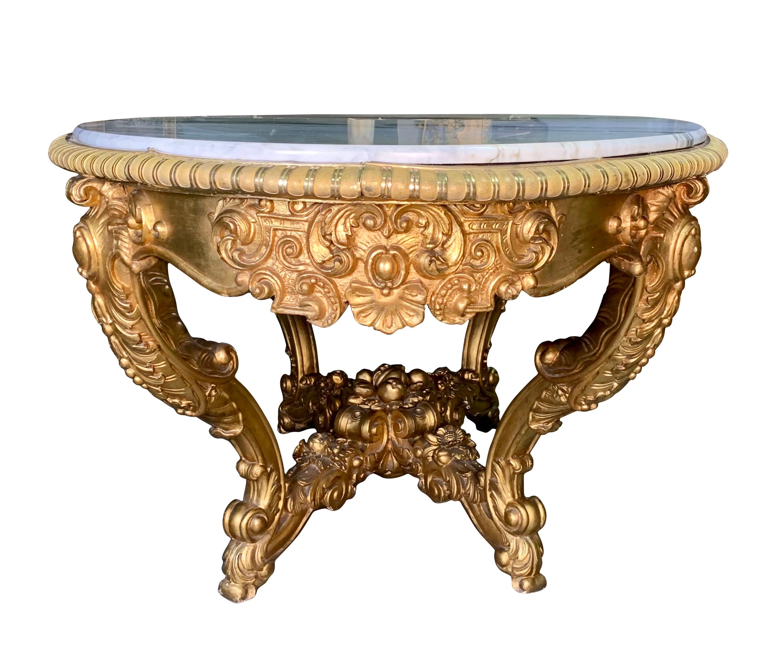 Large Antique Carved Gilt Wood Marble Top Center Table For Sale 1