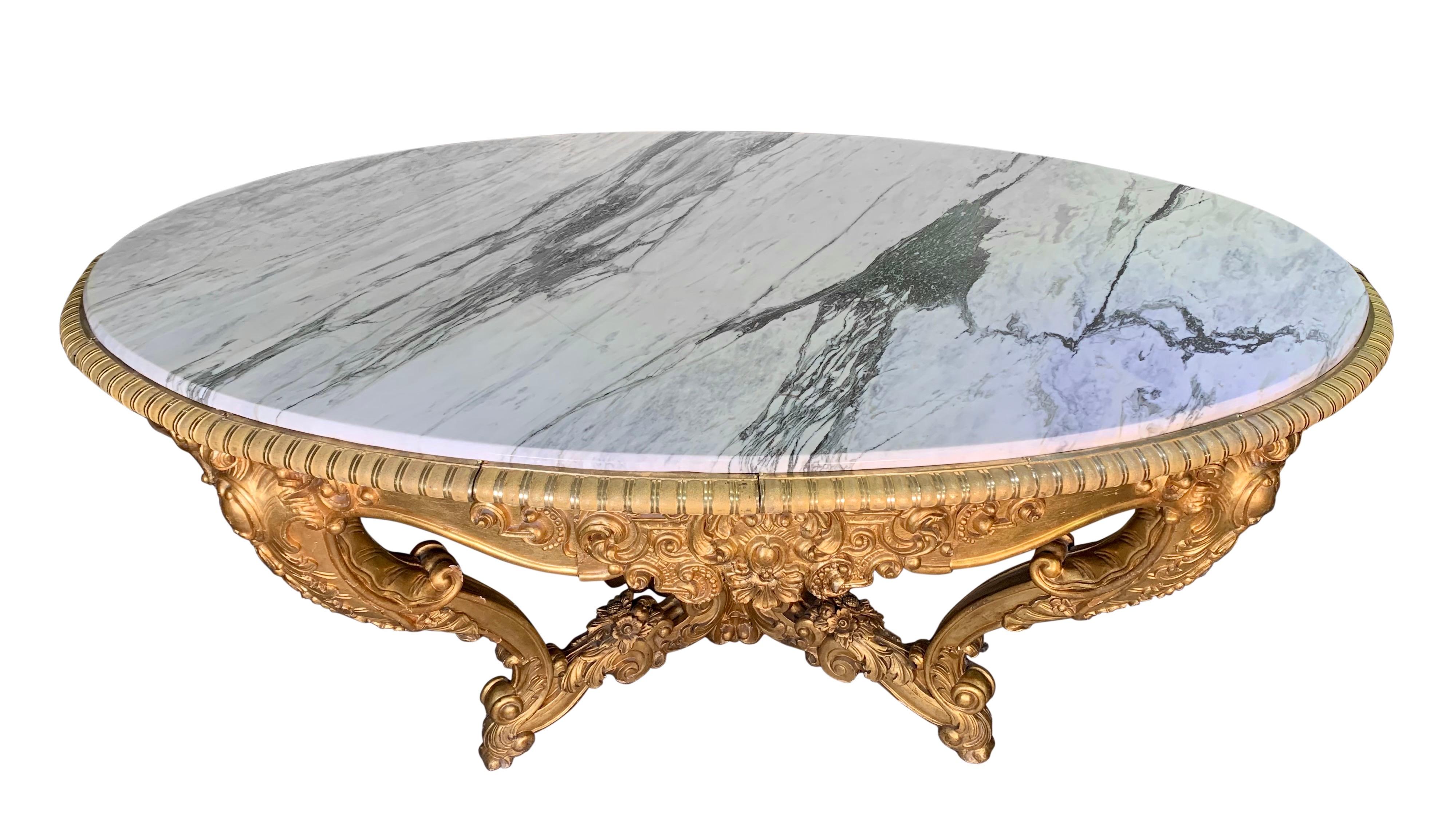 Large Antique Carved Gilt Wood Marble Top Center Table For Sale 2
