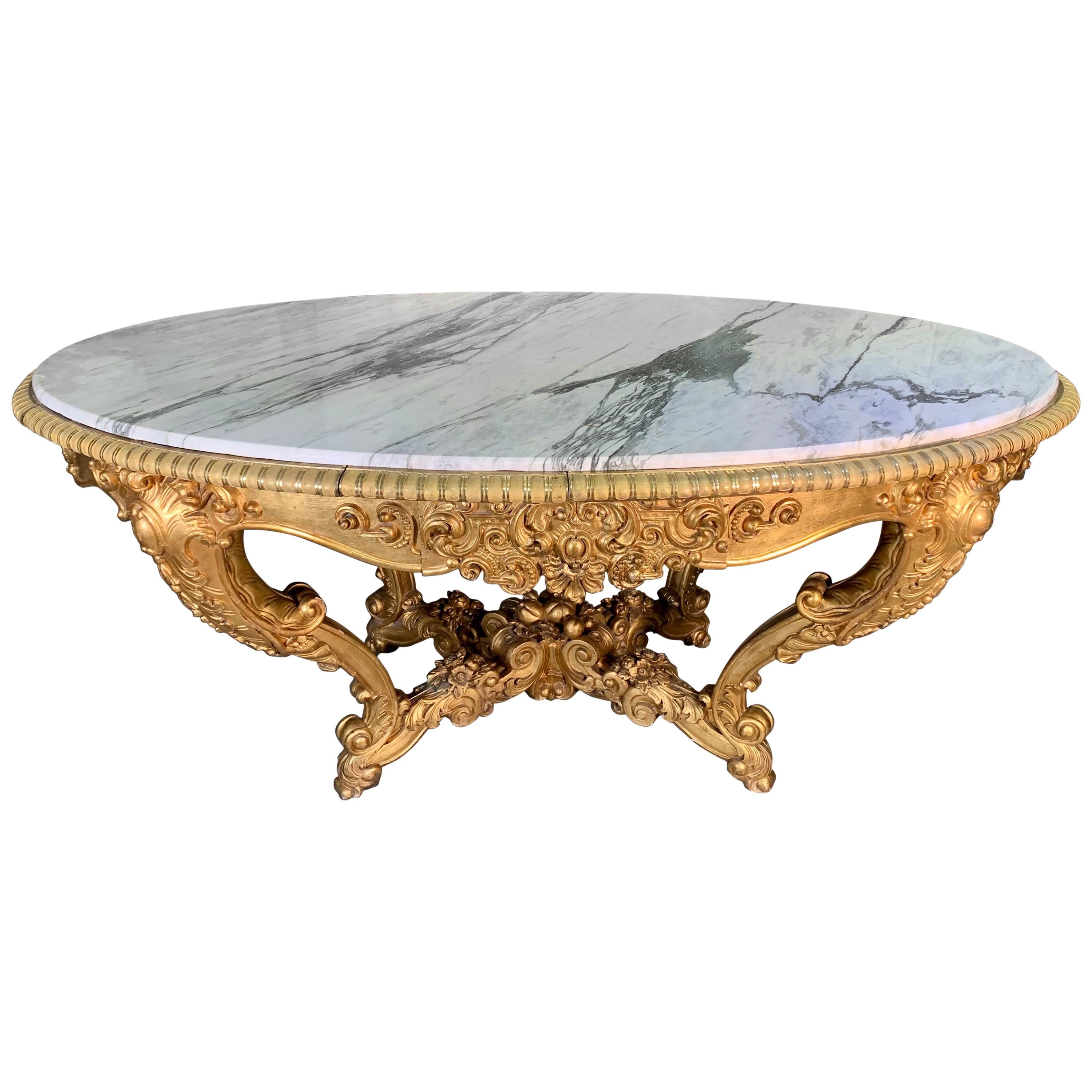 Large Antique Carved Gilt Wood Marble Top Center Table For Sale