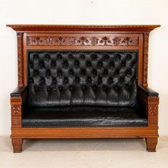 Large Antique Carved Oak High Back Bench with Black Leather Upholstery