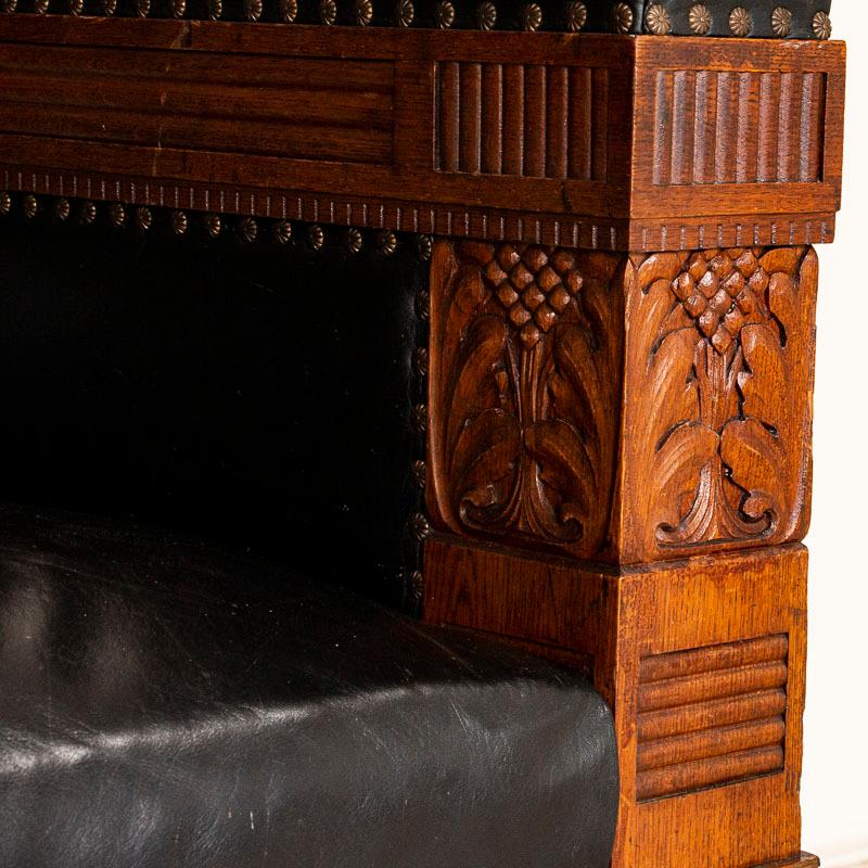 Danish Large Antique Carved Oak High Back Bench with Black Leather Upholstery