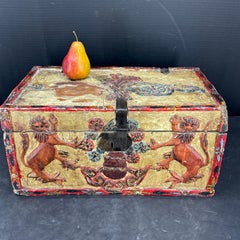 Large Antique Carved Painted Collectibles Box with Lions