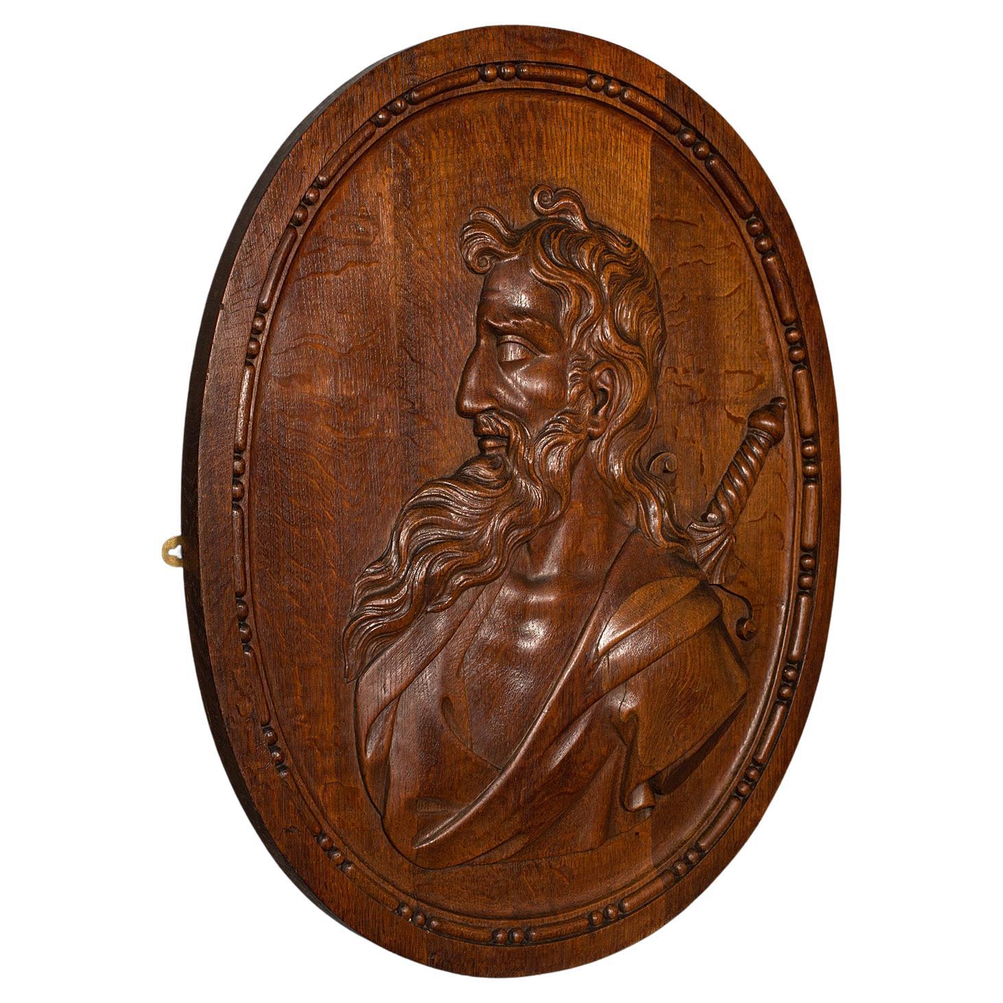 Grand portrait ancien sculpté, italien, chêne, panneau décoratif en relief, victorien