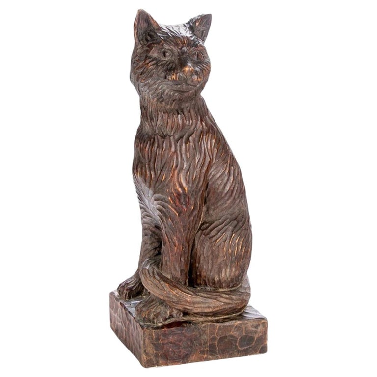 Large Antique Carved Wood Folk Art Cat For Sale