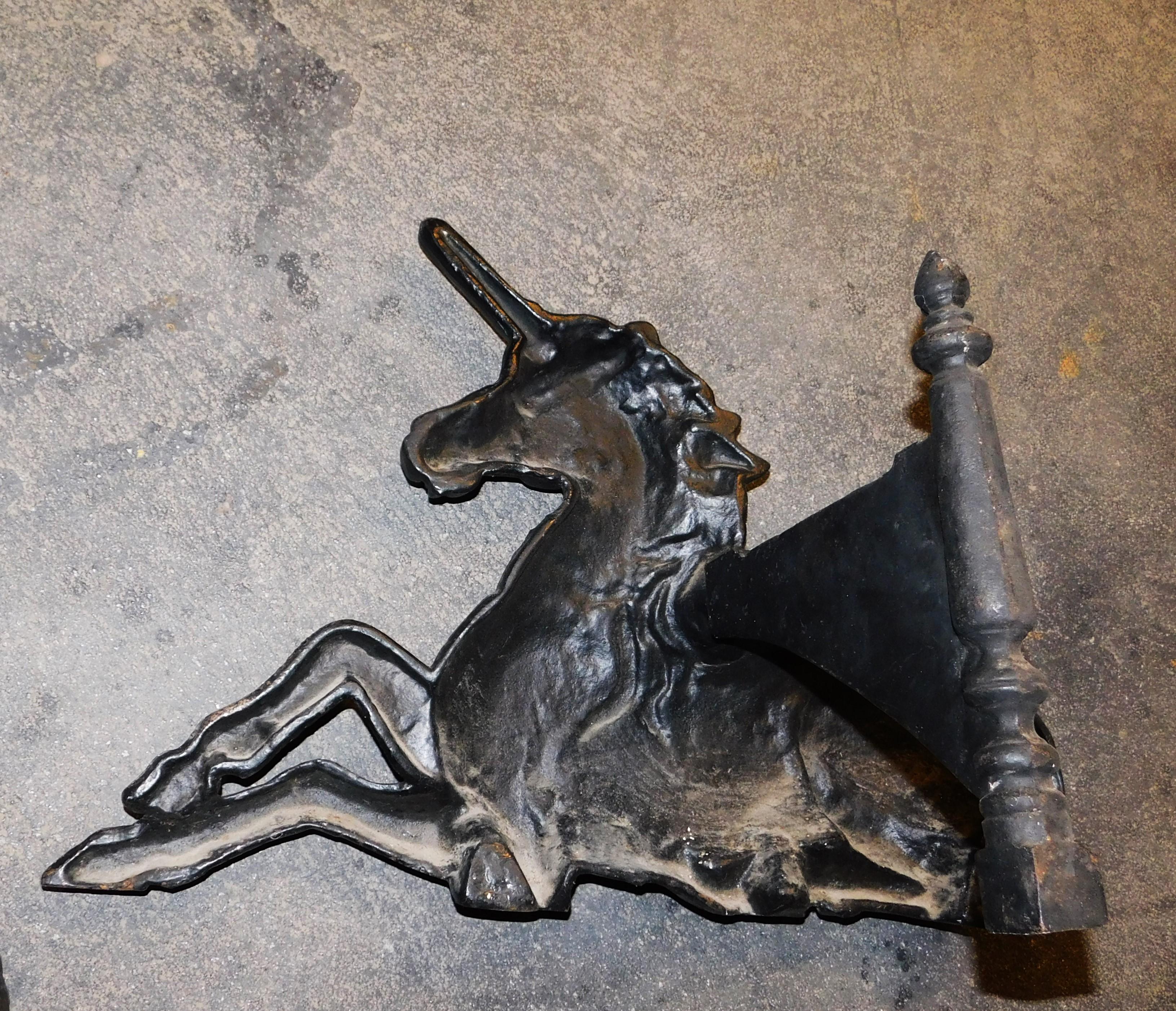 Large Antique Cast Iron English Lion and Unicorn Fireplace Andirons Tool Rests For Sale 4
