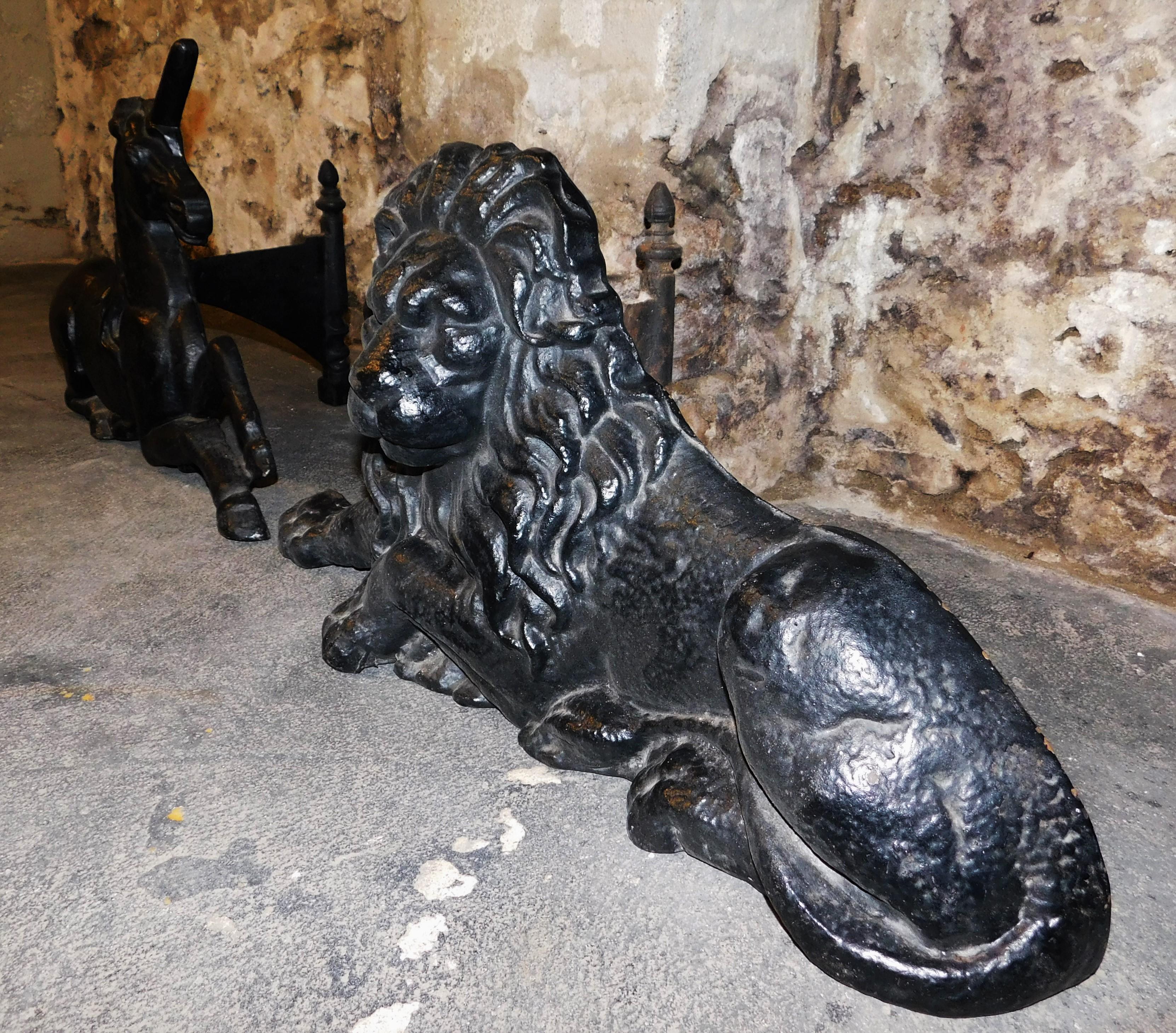 Victorian Large Antique Cast Iron English Lion and Unicorn Fireplace Andirons Tool Rests For Sale