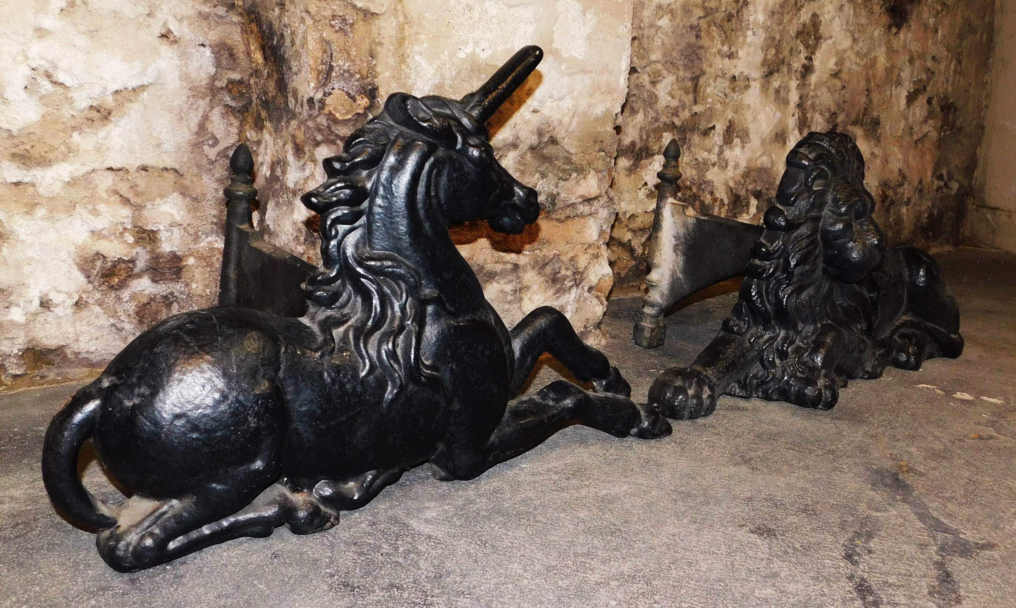 Large Antique Cast Iron English Lion and Unicorn Fireplace Andirons Tool Rests In Good Condition For Sale In Hamilton, Ontario
