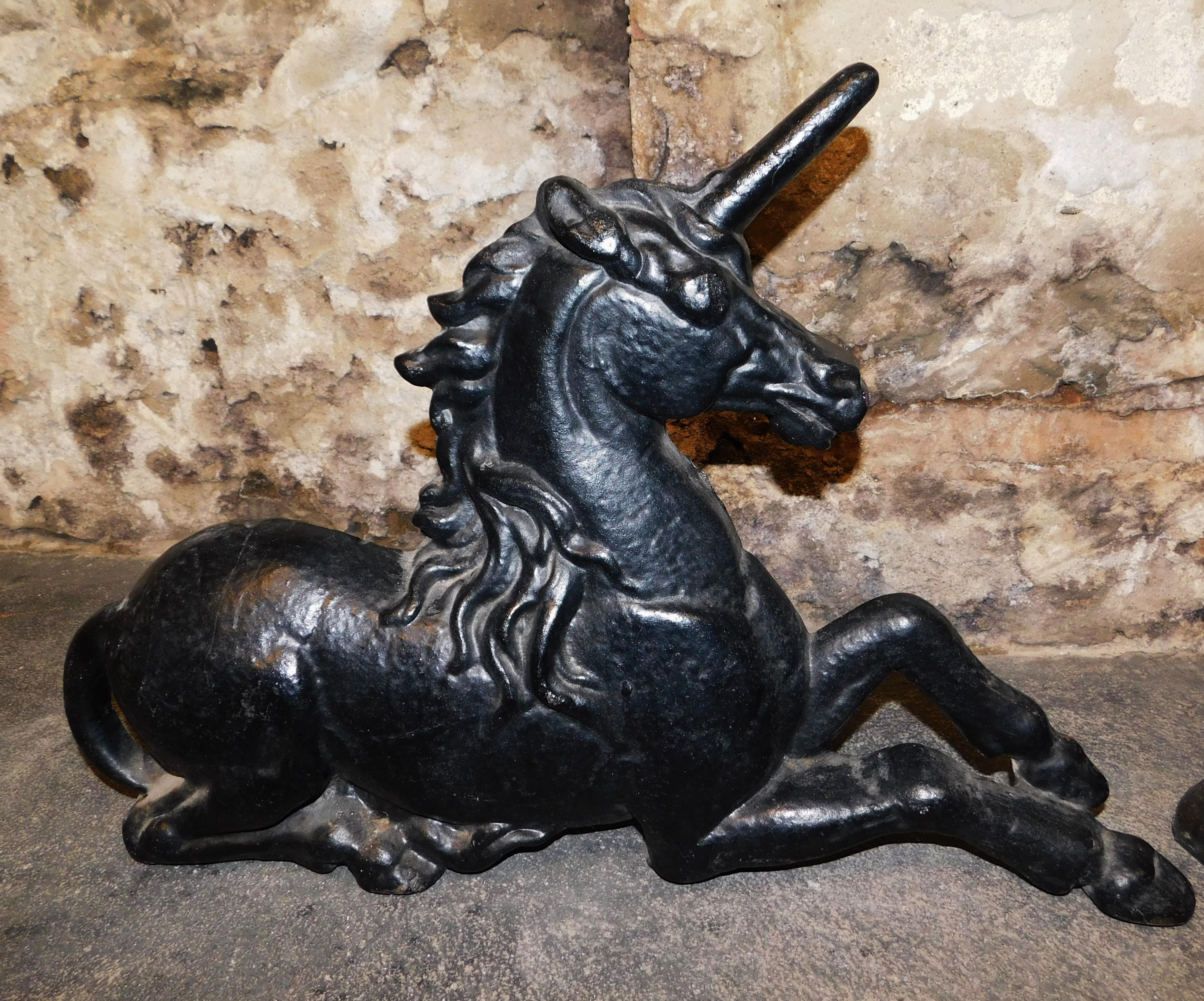 19th Century Large Antique Cast Iron English Lion and Unicorn Fireplace Andirons Tool Rests For Sale