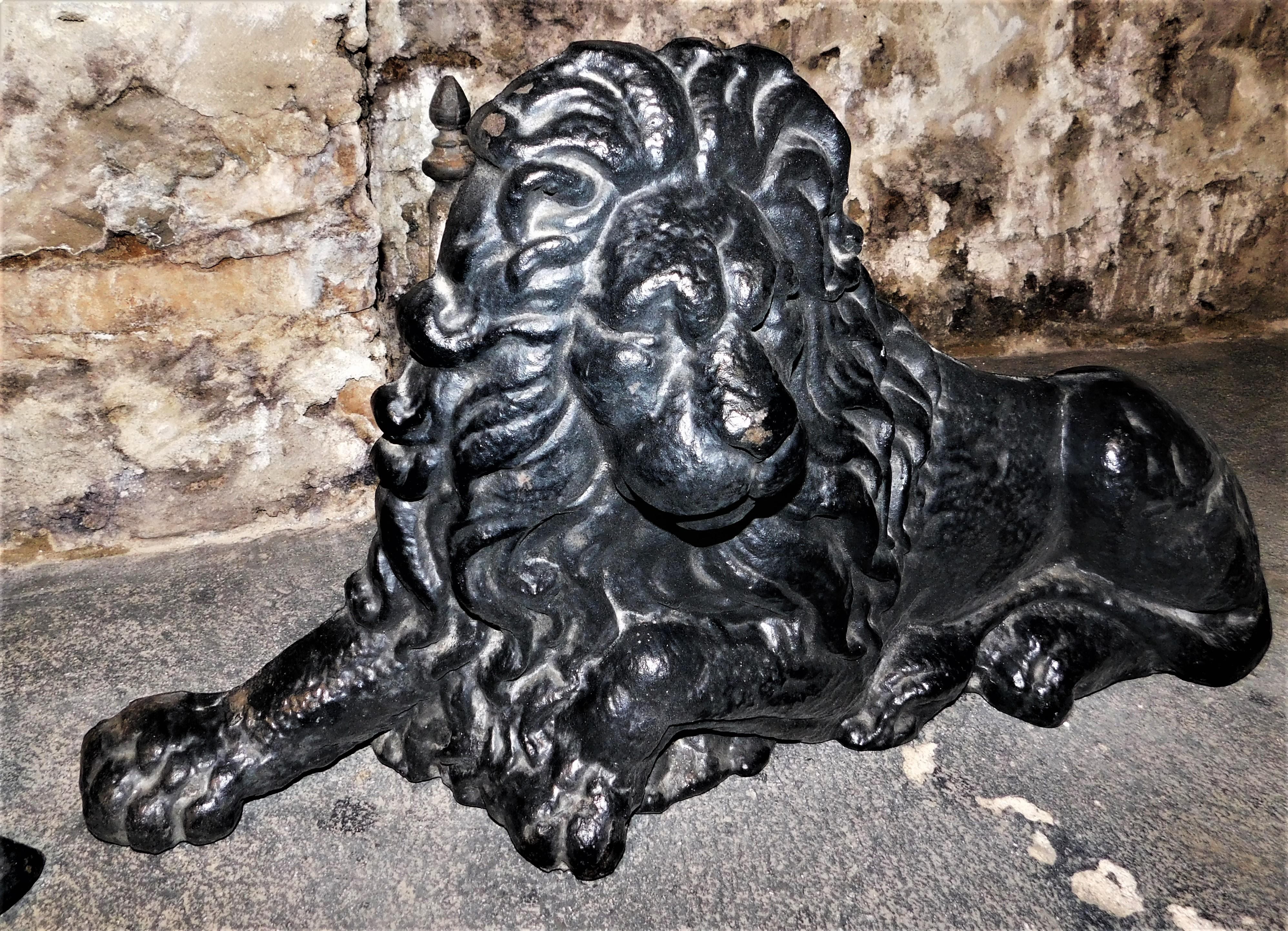 Large Antique Cast Iron English Lion and Unicorn Fireplace Andirons Tool Rests For Sale 1