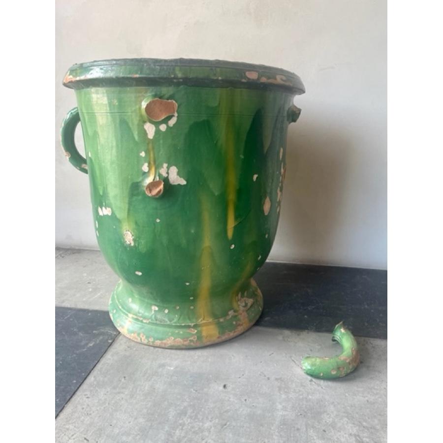 Glazed Large Antique Castellaines Green Pot For Sale