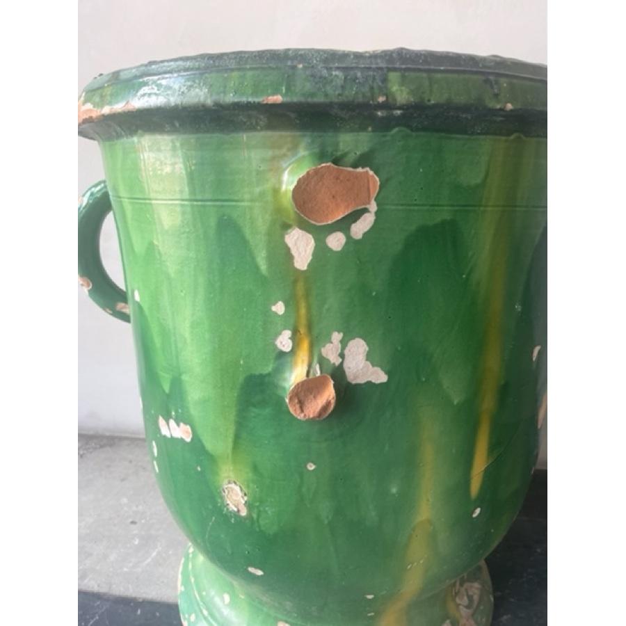 Large Antique Castellaines Green Pot In Distressed Condition For Sale In Scottsdale, AZ