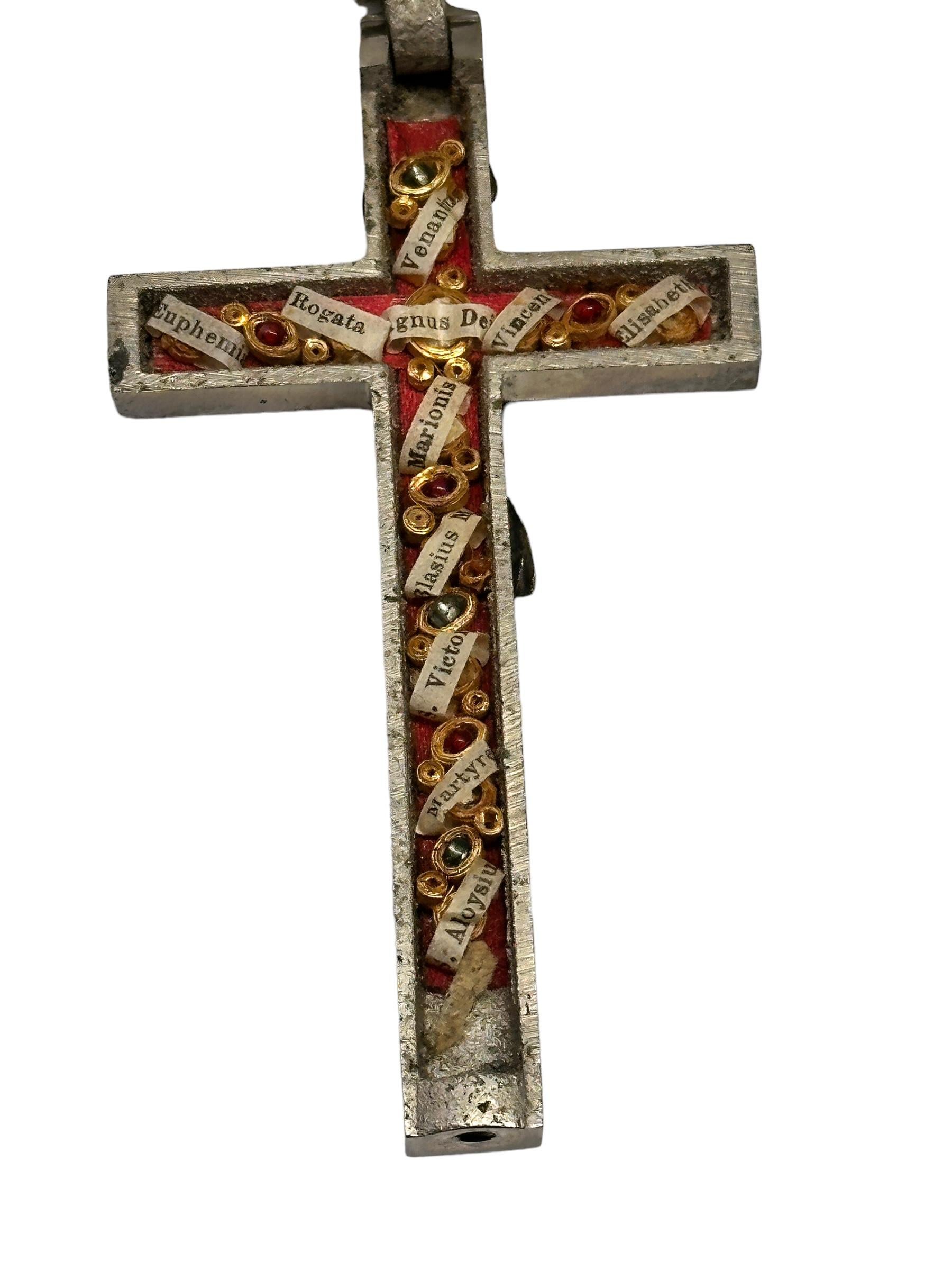 Metal Large Antique Catholic Reliquary Box Crucifix Pendant Eleven Relics of Saints For Sale