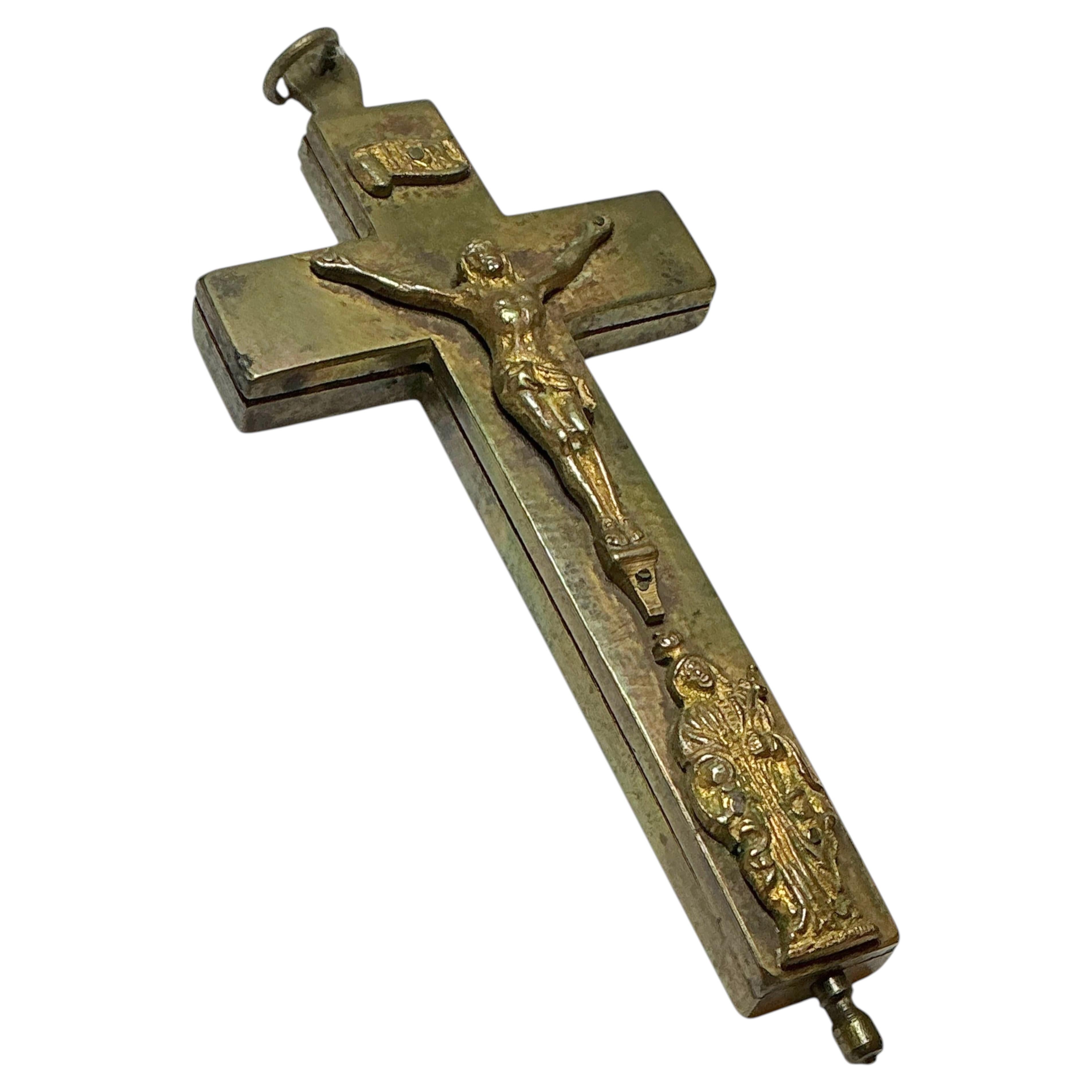 Large Antique Catholic Reliquary Box Crucifix Pendant with 11 Relics of Saints
