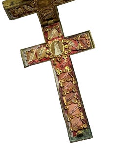 Large Antique Catholic Reliquary Box Crucifix Pendant with 23 Relics of Saints