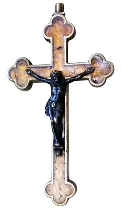 large Antique Catholic Reliquary Box Crucifix Pendant with 6 Relics of Saints