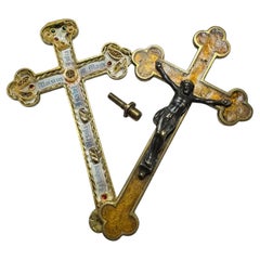 large Antique Catholic Reliquary Box Crucifix Pendant with 6 Relics of Saints