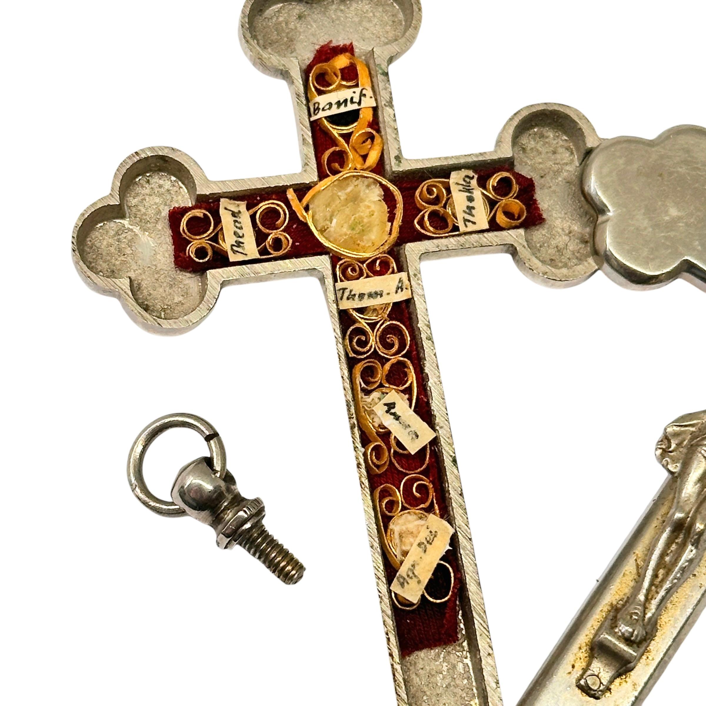 Large Antique Catholic Reliquary Box Crucifix Pendant with Six Relics of Saints For Sale 3