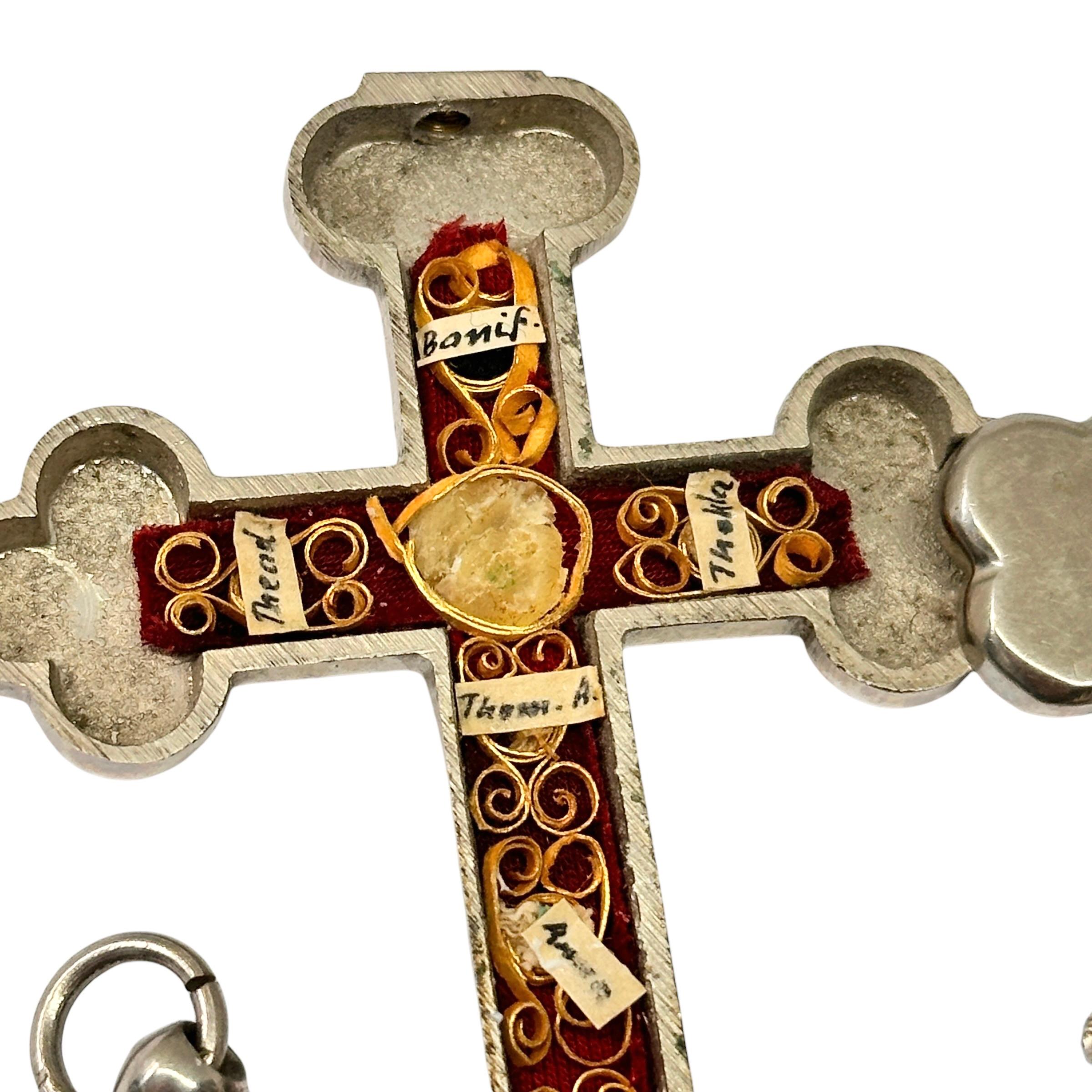Large Antique Catholic Reliquary Box Crucifix Pendant with Six Relics of Saints For Sale 4