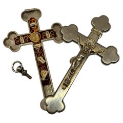 Large Antique Catholic Reliquary Box Crucifix Pendant with Six Relics of Saints