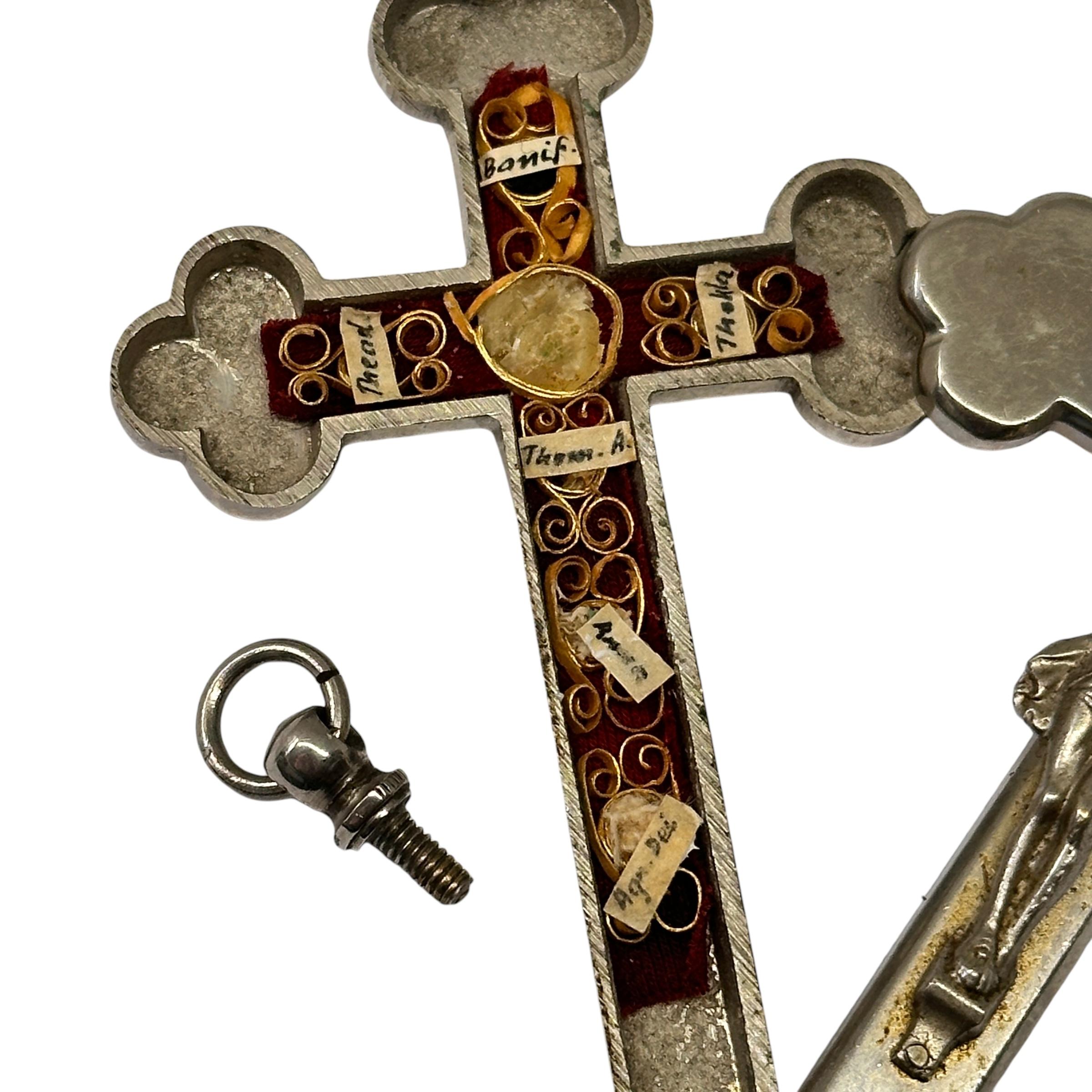 Early 20th Century Large Antique Catholic Reliquary Box Crucifix Pendant with Six Relics of Saints For Sale