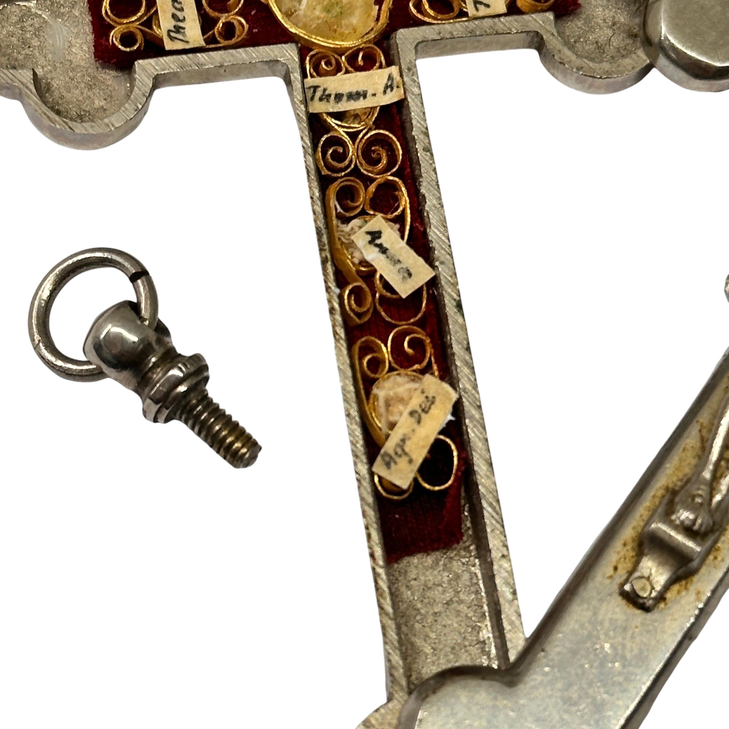 Metal Large Antique Catholic Reliquary Box Crucifix Pendant with Six Relics of Saints For Sale