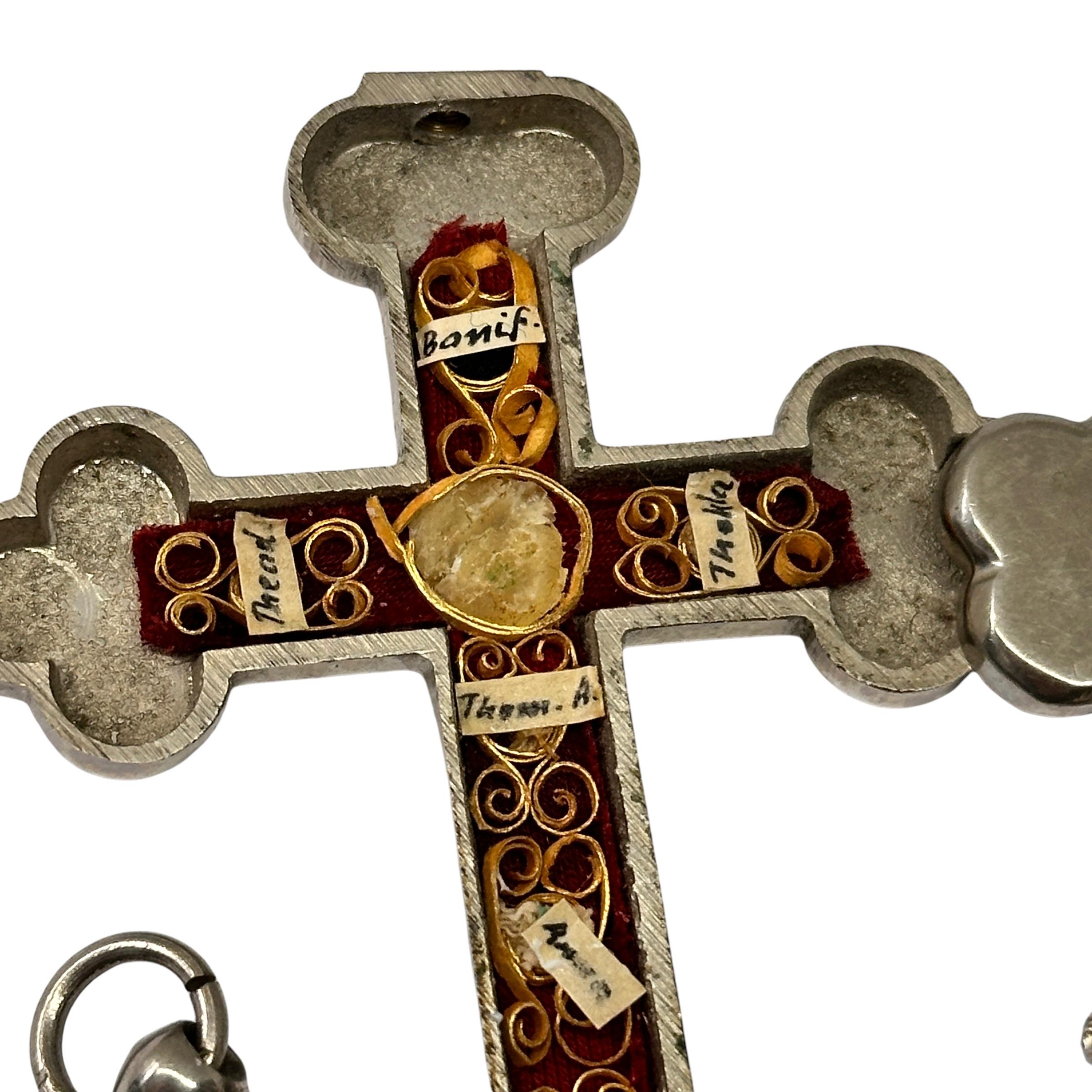 Large Antique Catholic Reliquary Box Crucifix Pendant with Six Relics of Saints For Sale 1
