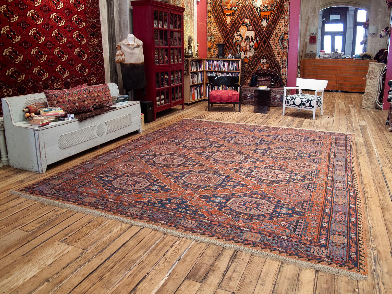 An antique flatwoven carpet from the Caucasus, in rare large format, woven in the intricate 